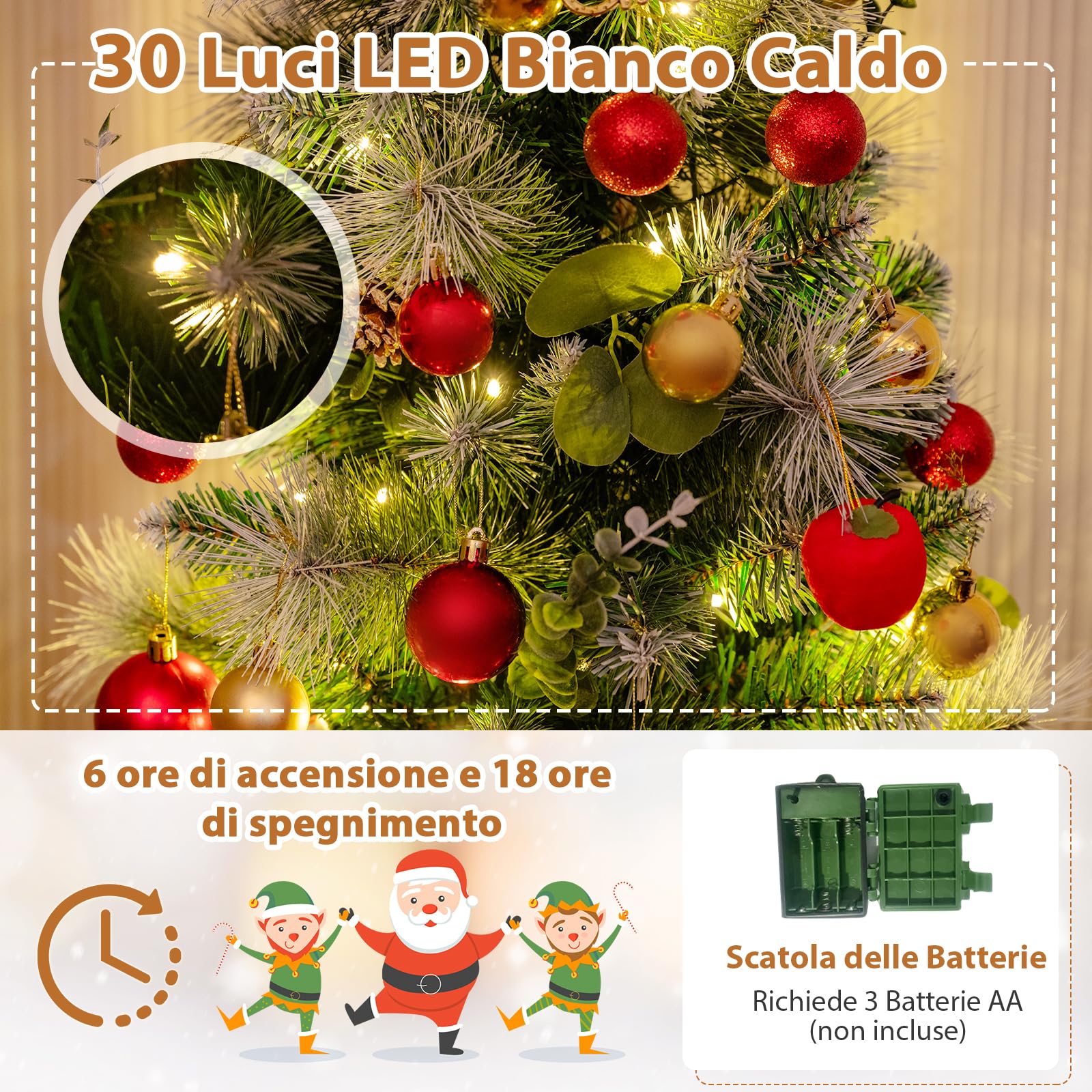 RELAX4LIFE Albero di Natale Innevato 90CM, Albero da Tavolo con 30 Luci LED Bianche Calde e 98 Foglie in PVC e Pino, Bacche e Pigne, 8 Modalità, Timer, Decorazione Natalizia per Casa e Negozio