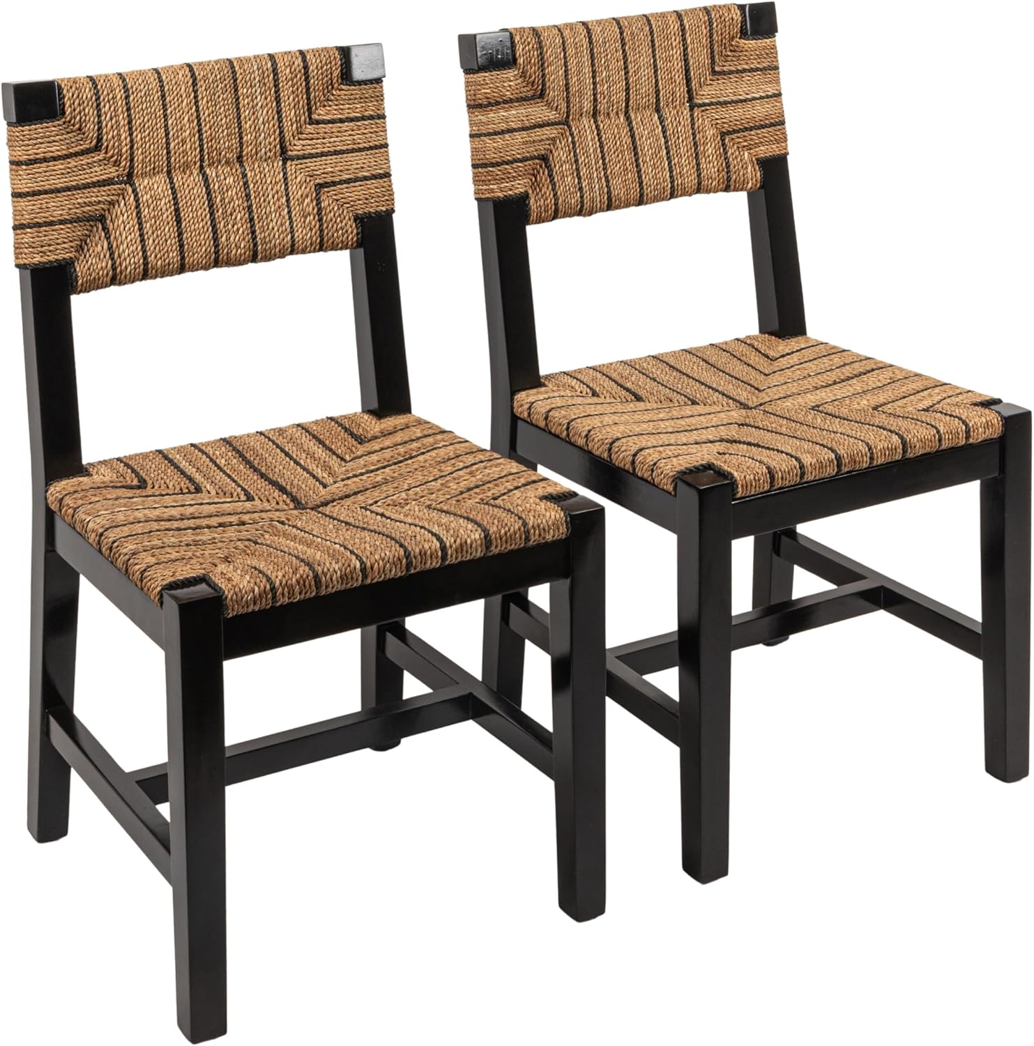 Creative Co-Op Willowbrook Solid Wood and Natural Woven Seagrass Rope Dining Chair, Mahogany Black Finish, Set of 2