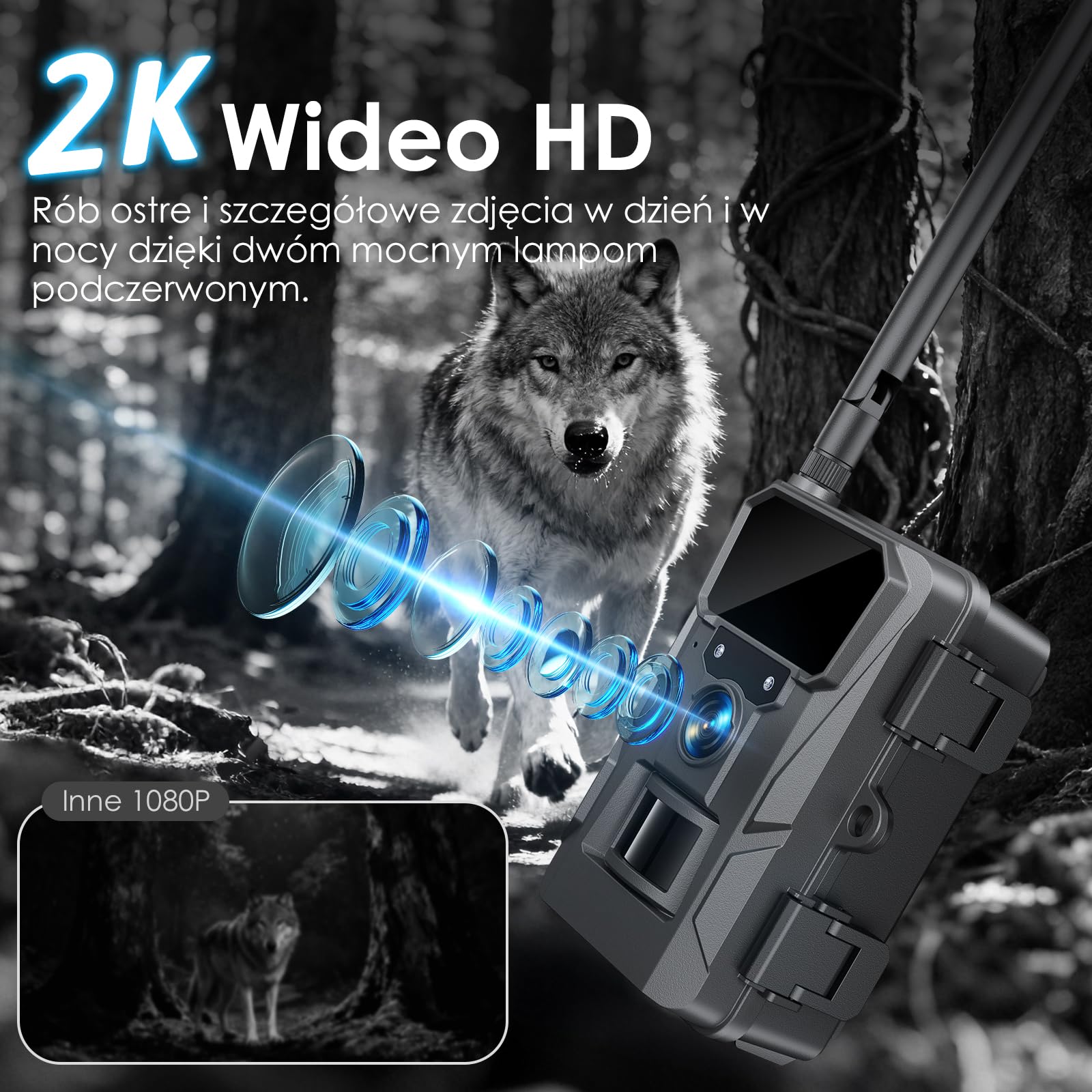 WOLFANG Komórkowa kamera przyrodnicza 4G LTE, zasilana energią słoneczną, kamera 2K 48 MP z baterią 5200 mAh, wyświetlacz 2,0 cala, sterowanie aplikacją, noktowizor, aktywowany ruchem wyzwalacza 0,2 s