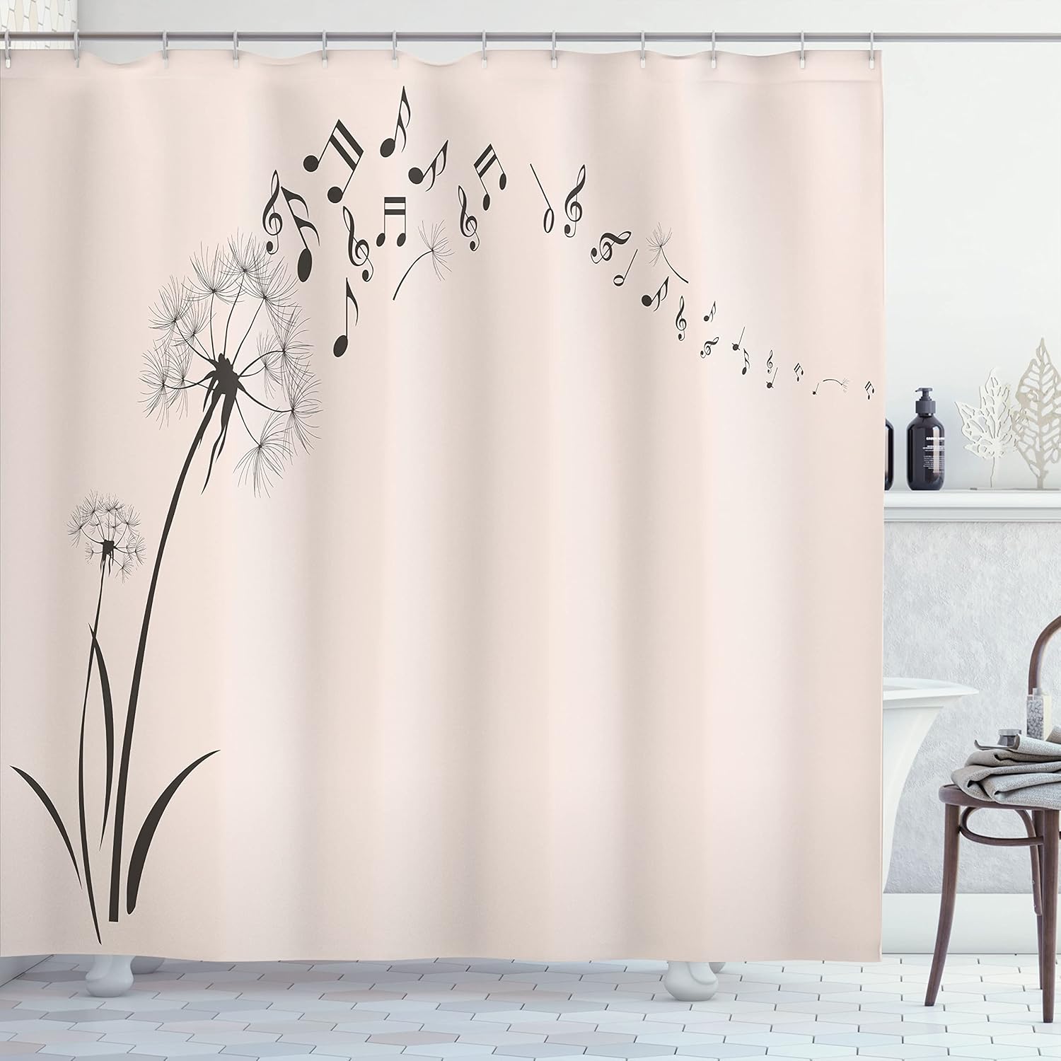 Ambesonne Music Shower Curtain, Flying Dandelions Notes Summer Spring Meadow Silhouette Softness Simple Print, Cloth Fabric Bathroom Decor Set with Hooks, 69" W x 70" L, Night Grey