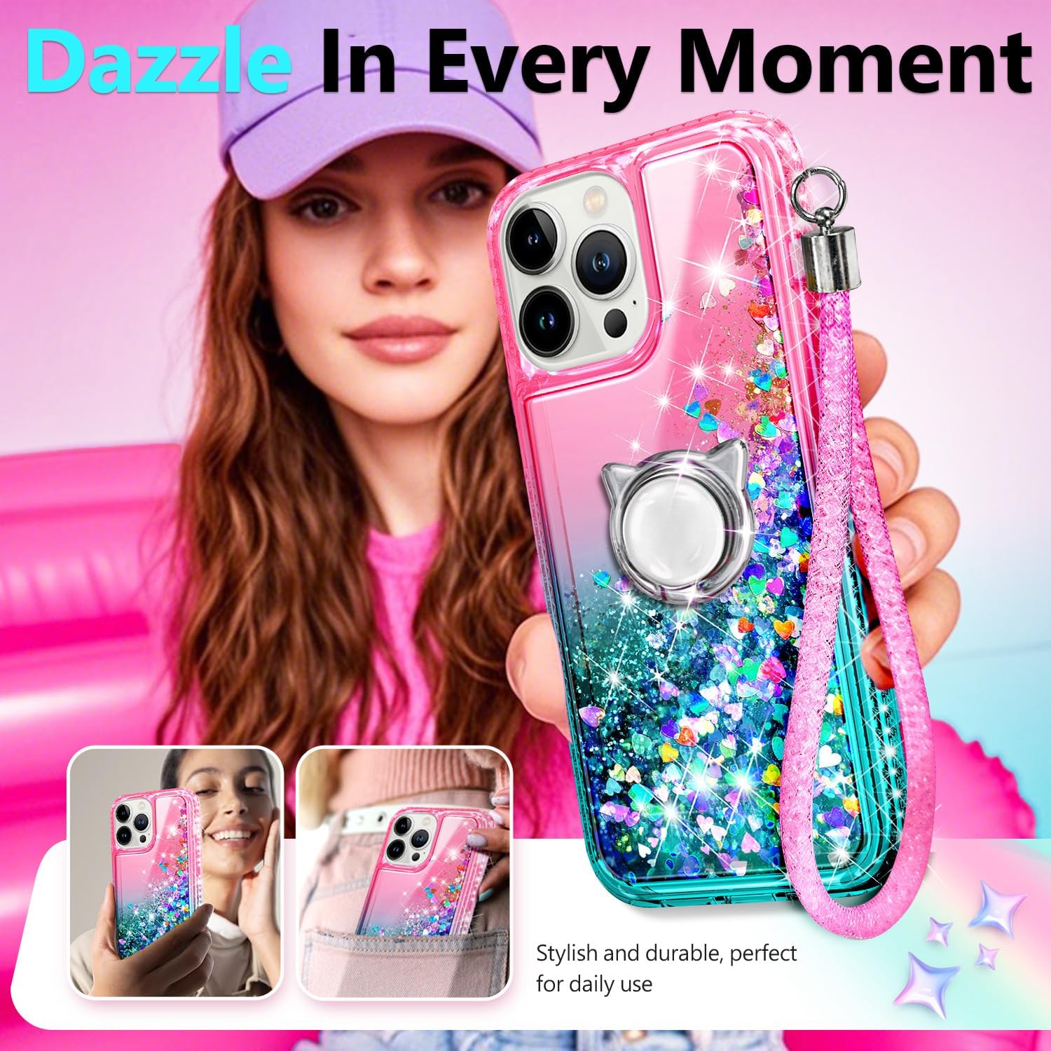 NGB Designed for iPhone 16 Plus Case, Pink/Aqua | Glitter Liquid Sparkle Cute Cover for Women Girls Kids | with Tempered Glass Screen Protector & Ring Holder & Wrist Strap - Image 7