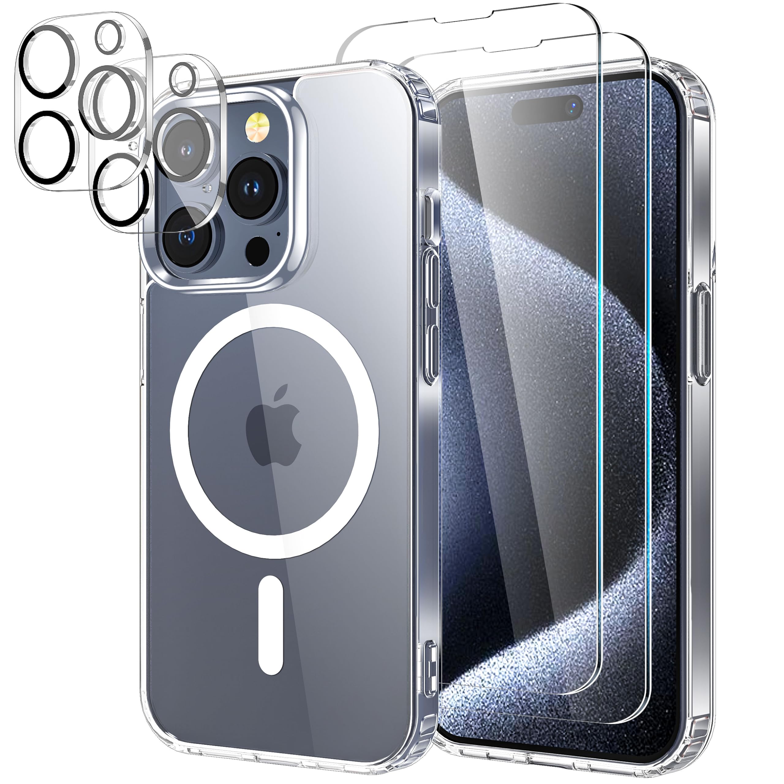 YIRSURMagnetic Case for iPhone 15 Pro Max with 2 Pack Screen Protector and 2 Pack Camera Lens Protector, [Compatible with Mag Safe] Soft TPU Shockproof Anti-Scratch Cover for iPhone 15 Pro Max Clear