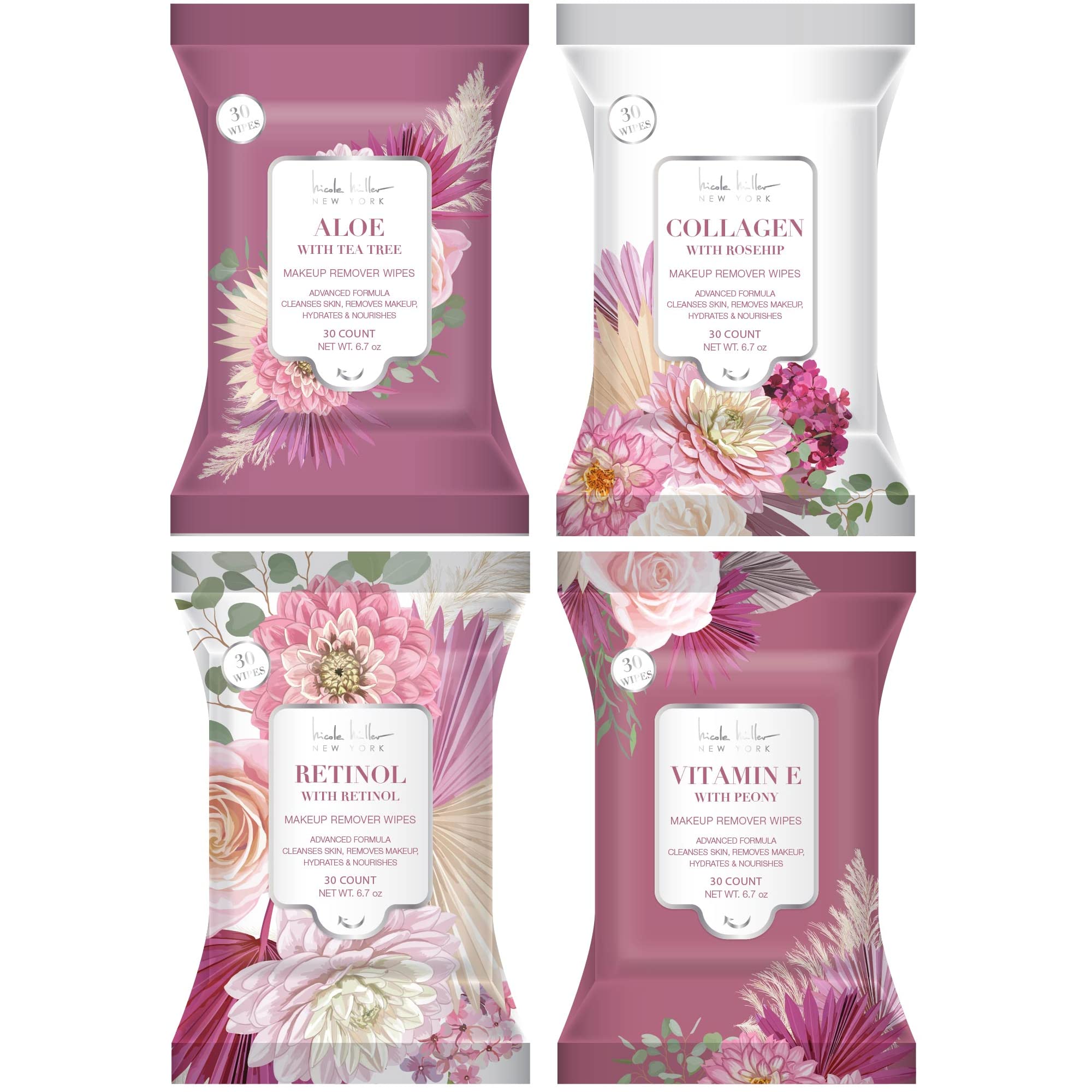 Nicole Miller 4 Pack Facial Cleansing Wipes (30 Count Each) , 120 Facial Cleansing Cloths, Removes Makeup, Mascara, Dirt a...