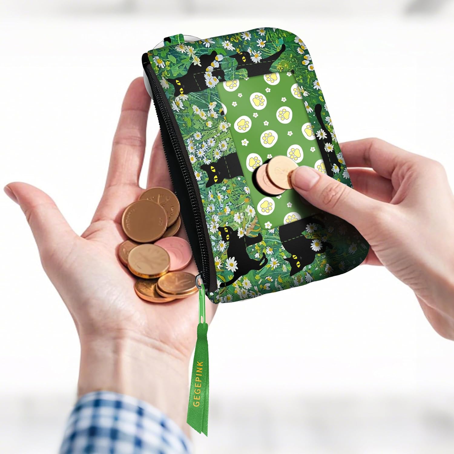 ID Case Keychain Wallet with Lanyard Minimalist Water Resistant Small Coin Pouch with Clear ID Window Cute Zipper Coin Pouch-Black Cat Floral Wallet Keychain - Image 4