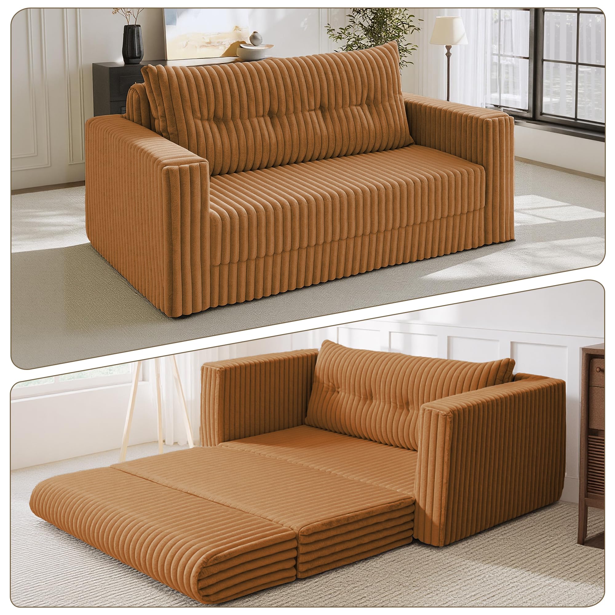49.8" Loveseat Boneless Couch, 4-in-1 Convertible Sofa Bed, Plush Fur Folding Futon Sofa Bed Couches Without Pillow for Living Room, High-Density Foam Support, No Assembly Required, Orange