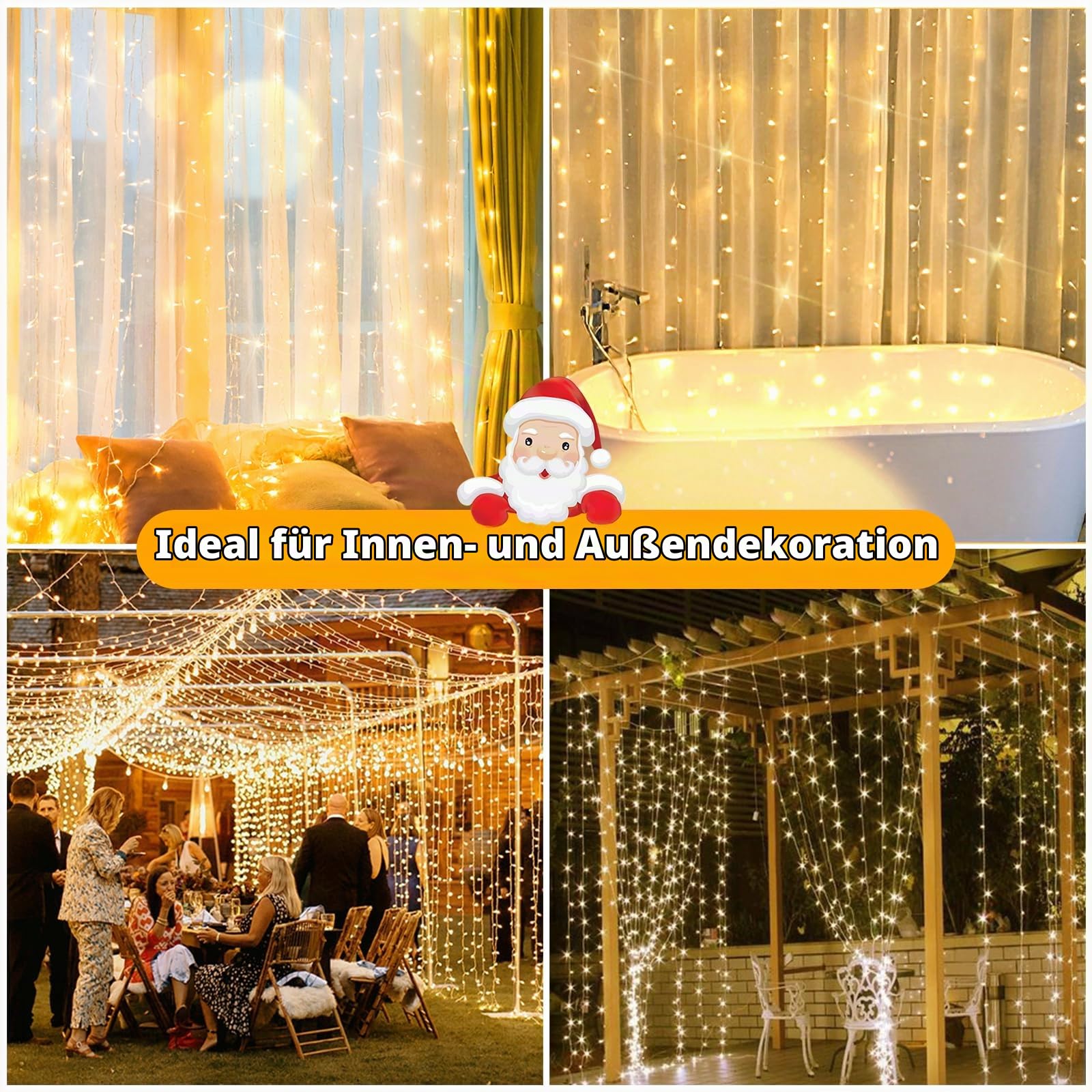 GlobaLink Lichtervorhang Warmweiß 6m x 3m, 600 LEDs mit Stecker | IP44 wasserdicht LED Lichtervorhang erweiterbar für Zimmer, Hochzeit, Fenster und Weihnachten, Innen- und Außengebrauch