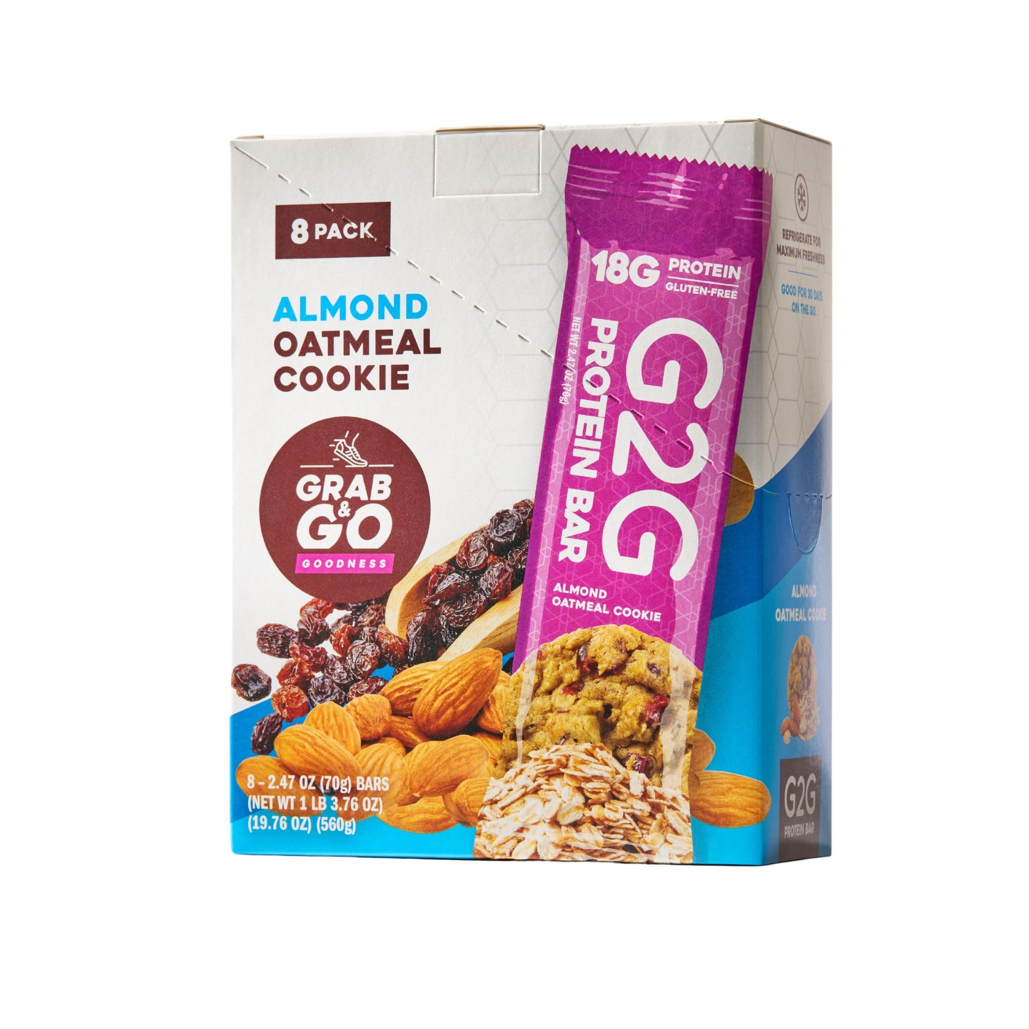 G2G Protein Bar, Almond Oatmeal Cookie, Real Food Ingredients, Refrigerated for Freshness, Healthy Snack, Delicious Meal Replacement, Gluten-Free, 8 Count (Pack of 8)
