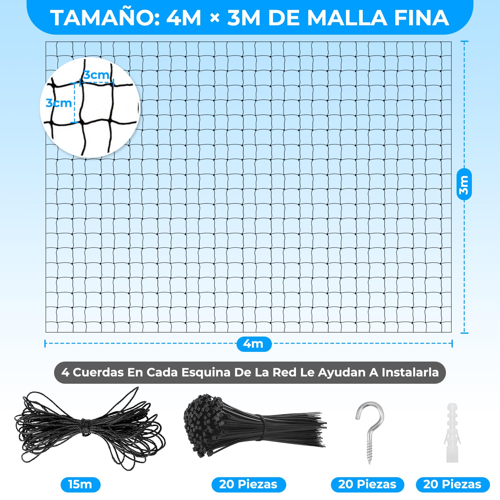 Red para Gatos para balcón, 4 x 3 m, Alambre Reforzado, con Cuerda de fijación de 15 m, Fuerte, Duradera, Resistente a los Rayos UV, Resistente a la Intemperie (Negro, 3 * 4M)