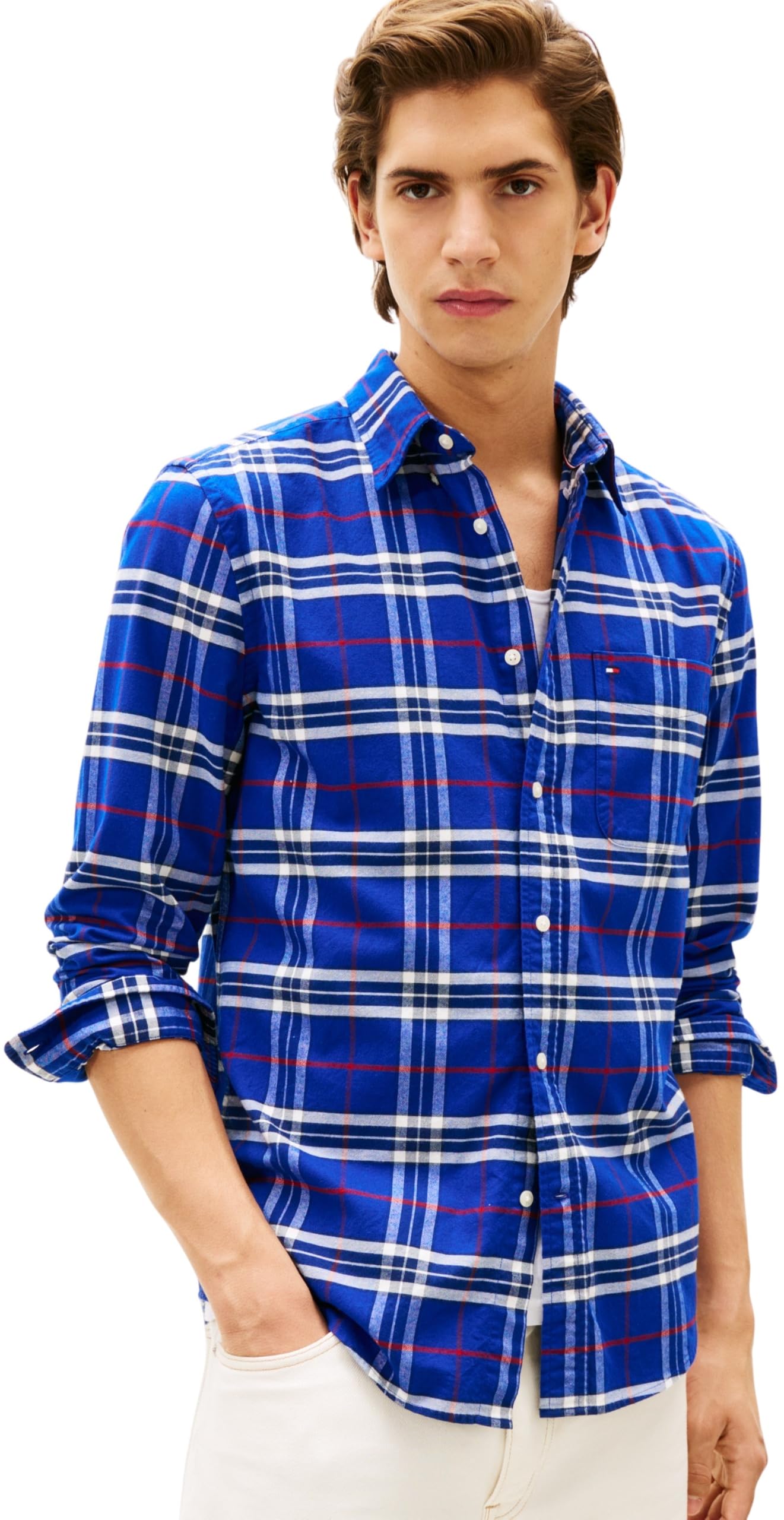 Tommy Hilfiger Men’s Brushed Oxford Check Regular Fit Shirt, Multicolor (Wedge Blue/Check), L