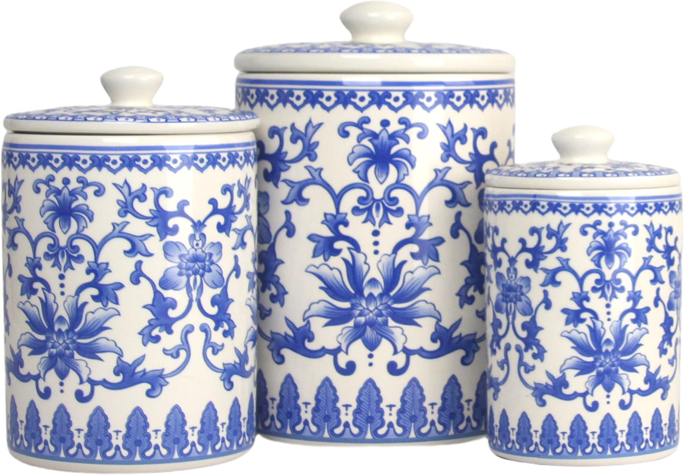 Chinoiserie 3 Piece Canister Set, White/Blue