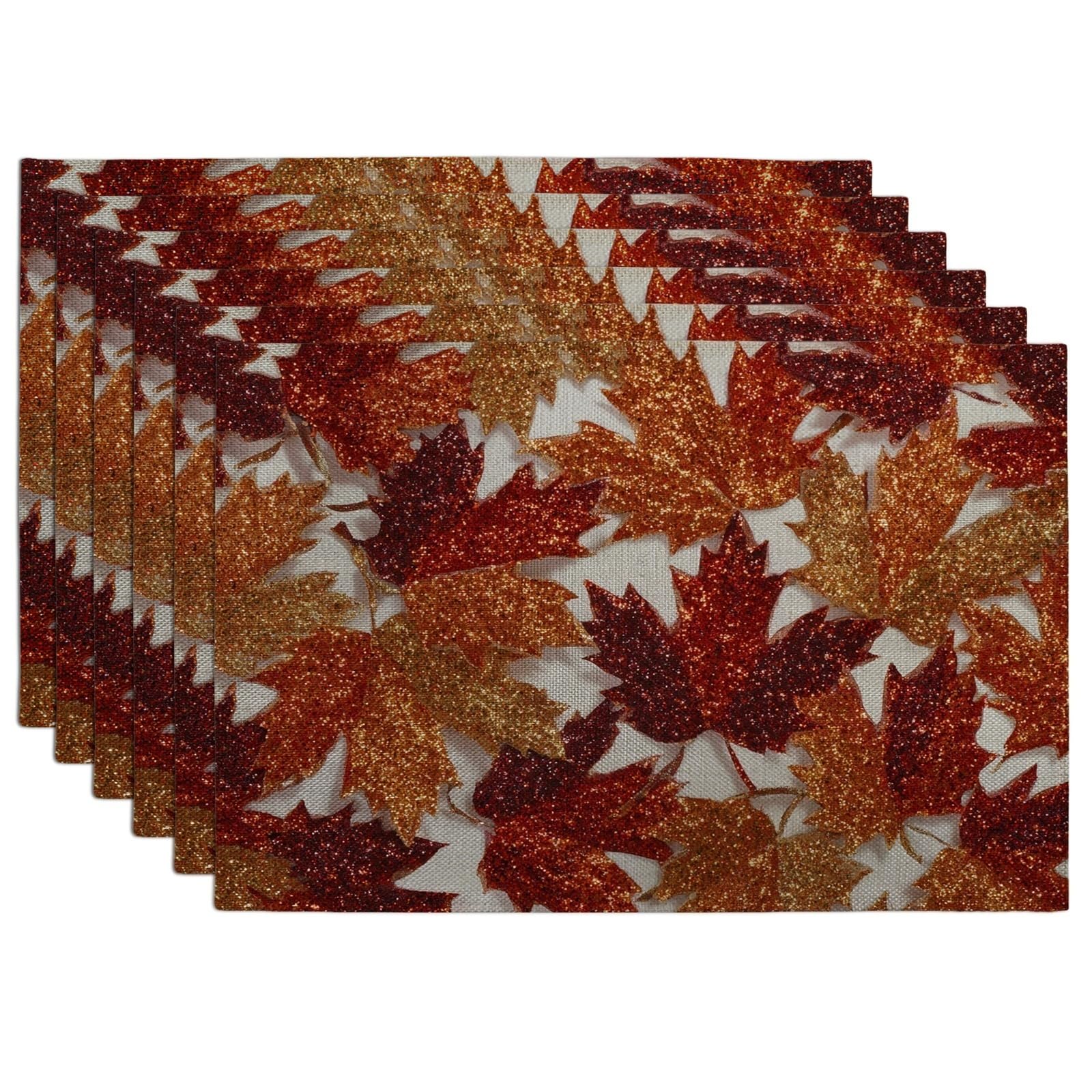 Autumn Maple Leaf Placemats, Orange Glittery Decorative Place mats for Dining Table, Non-Slip Washable Indoor Outdoor Holiday Placemat Set of 6