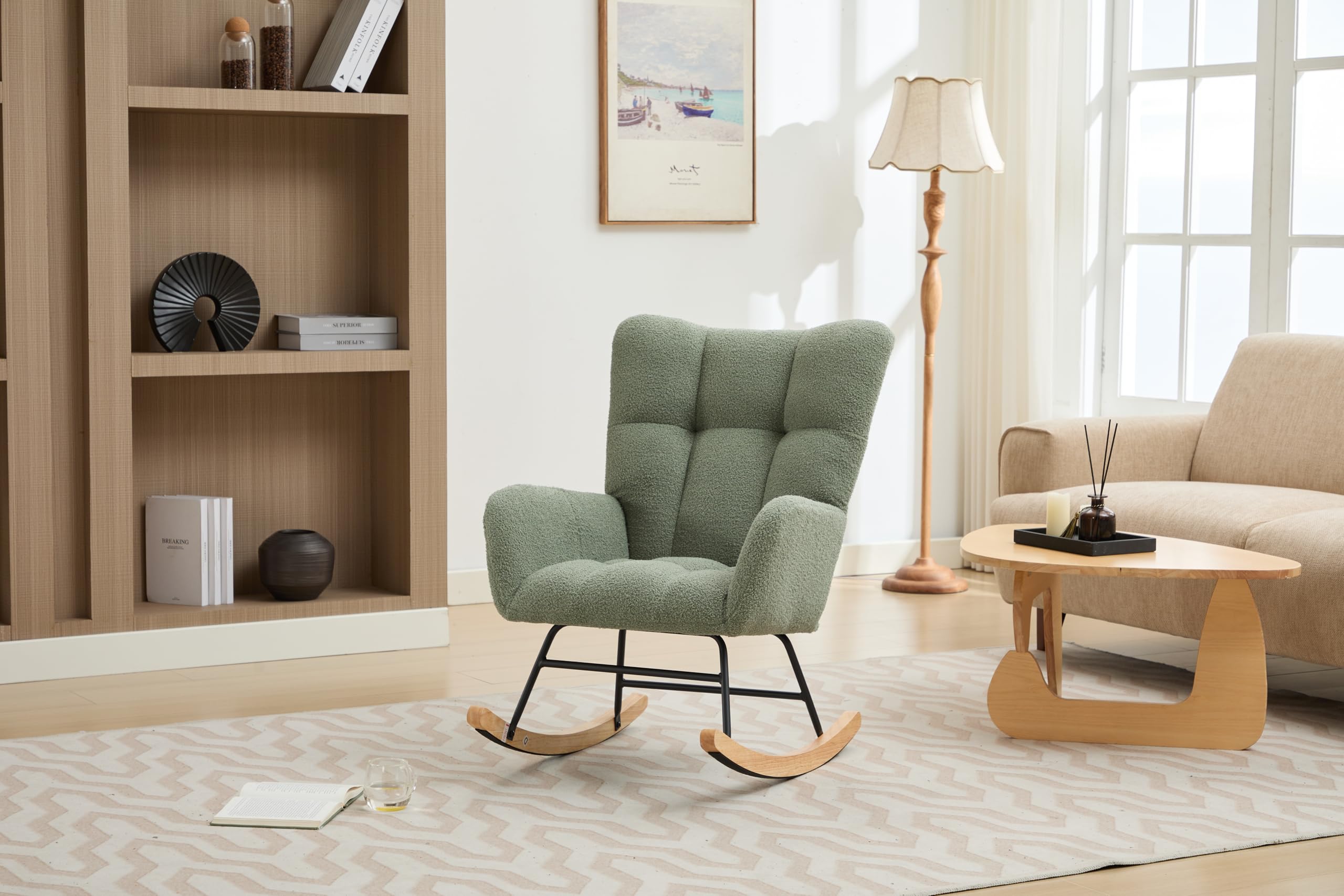 aphrophina Comfortable Modern Nursery Rocking Chair with High Backrest, Upholstered Glider Chair with Solid Wood Legs, Elegant Green
