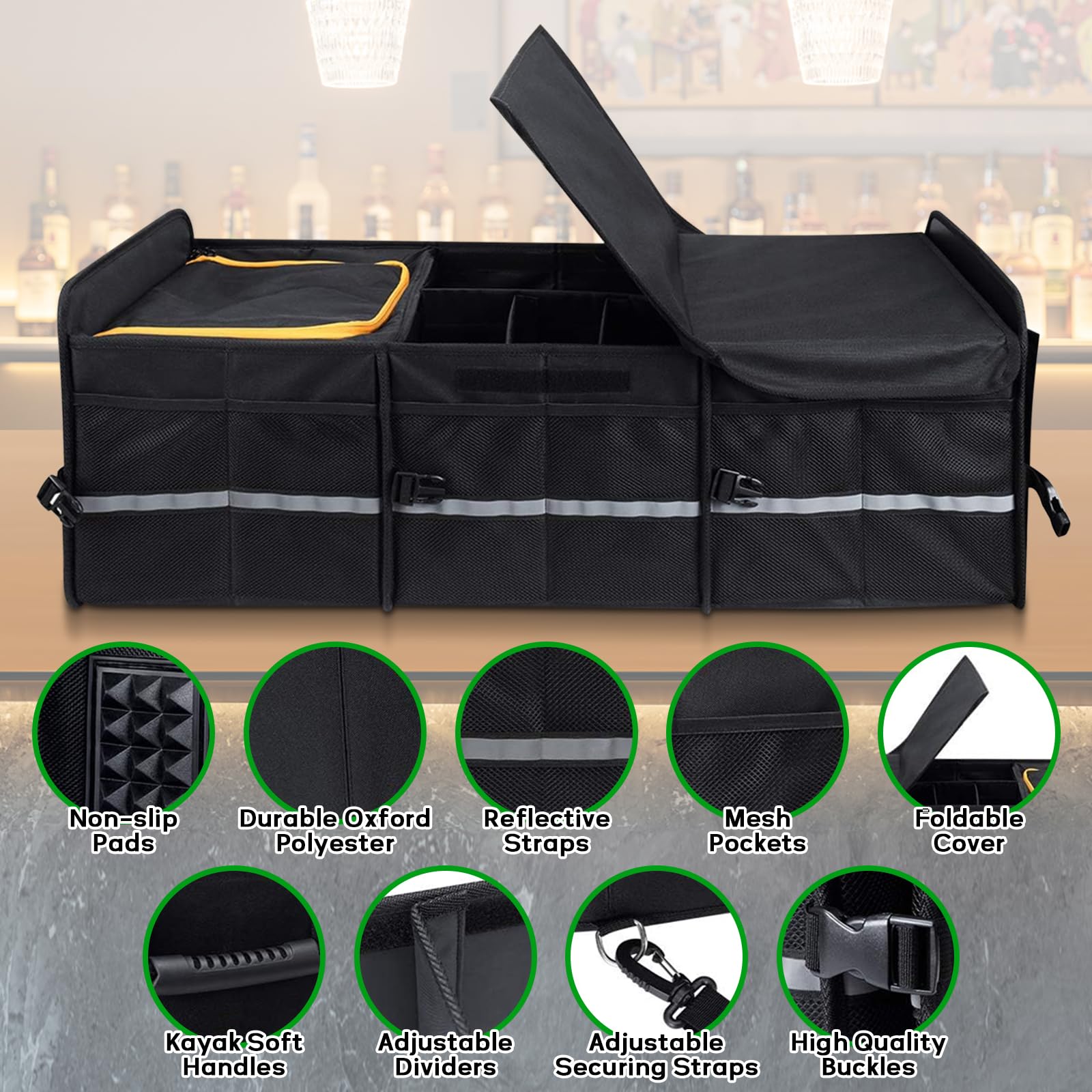 LIROPAU Organizador plegable para maletero de coche, con bolsa térmica aislada a prueba de fugas, múltiples compartimentos con separadores extraíbles, tapa plegable, organizador de maletero con gran
