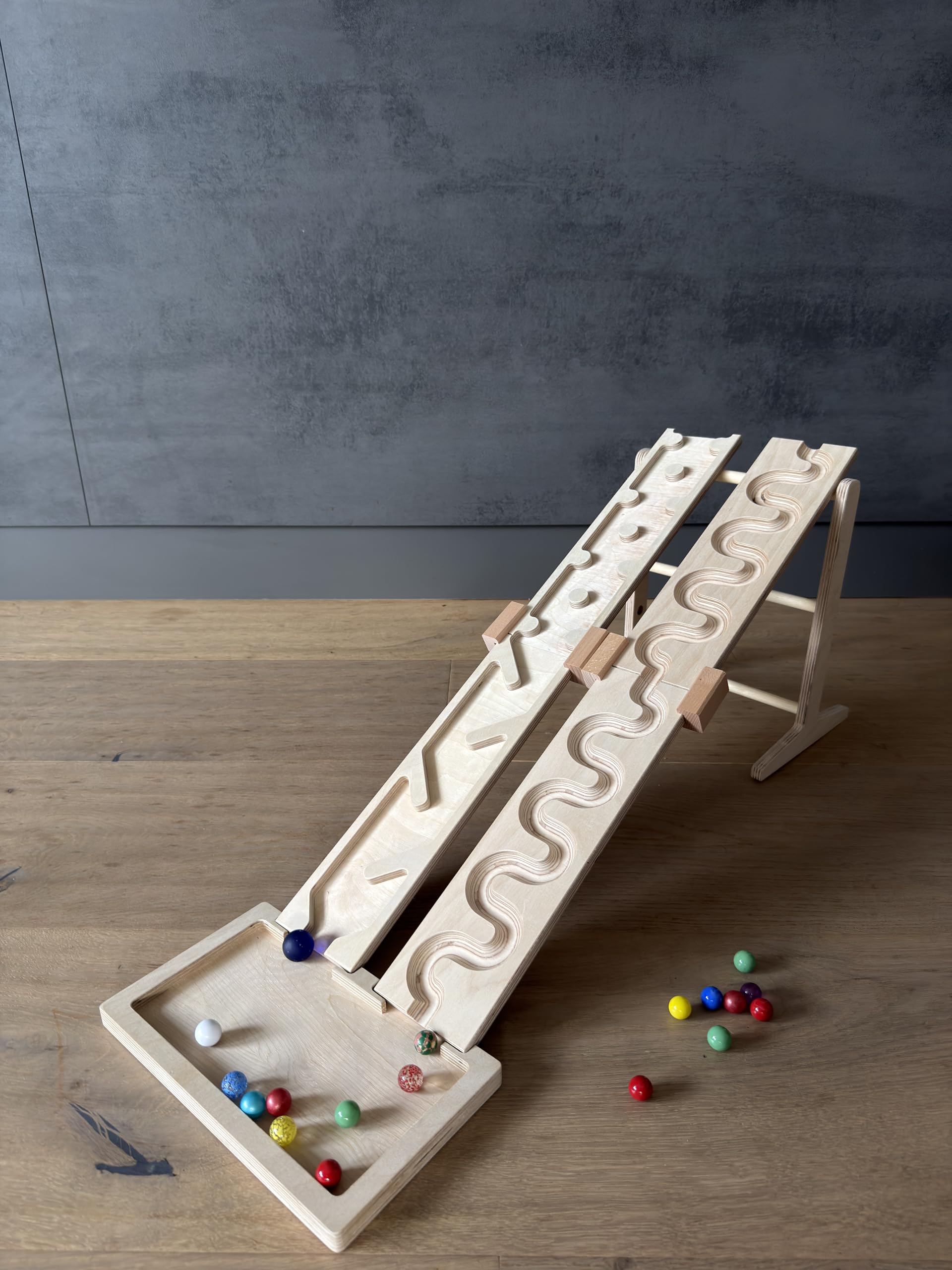 Murmelbahn-Set 2er Kombi, Schlängelplatten, Hinternissplatten, Wettrennen Turm, Auffangschale Kugelbahn Holzspielzeug