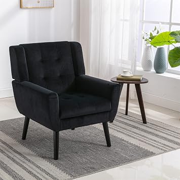SSLine Velvet Accent Arm Chair,Mid-Century Modern Upholstered Wingback Single Sofa Armchair Club Chair with Solid Wood Legs Thick Cushion for Bedroom,Reading,Living Room Chair Black