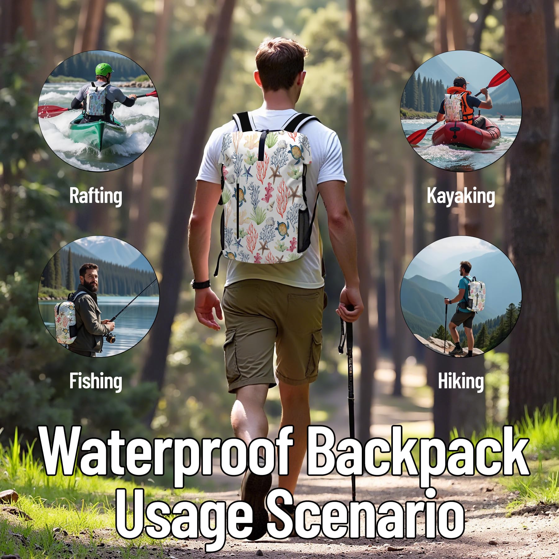 Bolsa seca impermeable resistente para kayak, senderismo, tortuga marina, coral, náutica, estrella de mar, mochila con cierre enrollable, funda impermeable para teléfono 35L/55L/85L