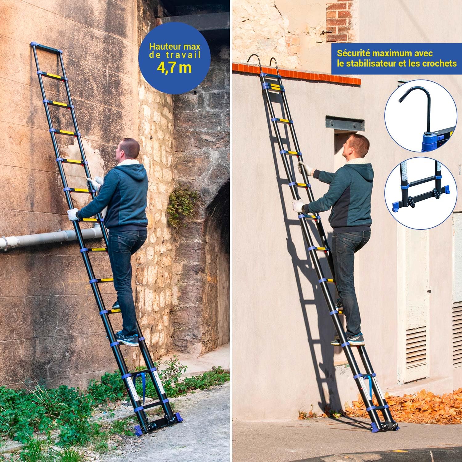 HOSTRÖM Echelle telescopique 3,8m TELESCOVA12+, Aluminium, Pliable, Extensible, Multi-Fonction, H Travail Max 4,7m, Crochets Amovibles, Garantie 5ans