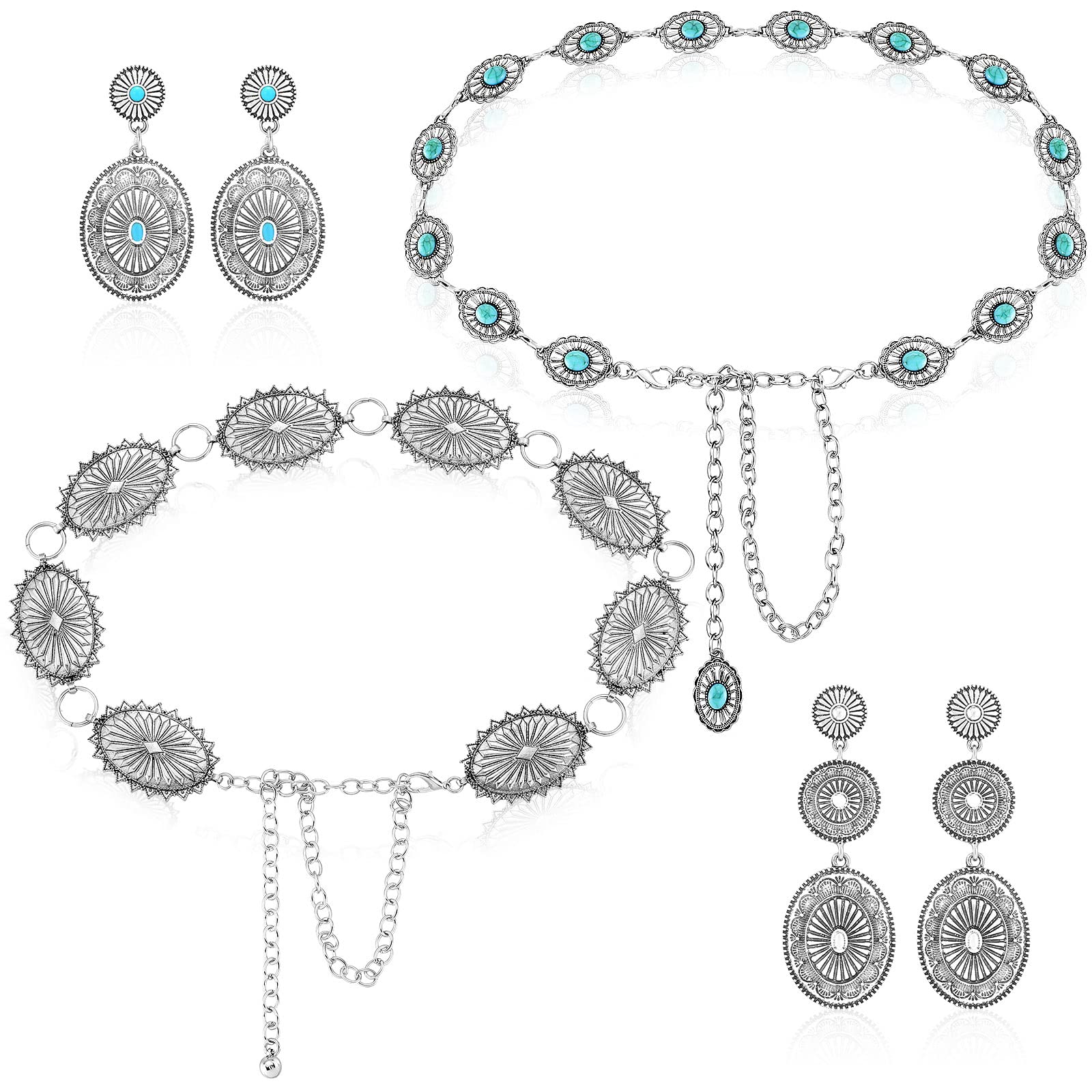 Newtay 4 Pcs Western Belts for Women Cowgirl Concho Belts Earrings Set Including 2 Metal Turquoise Belts 2 Pairs Dangle Earrings