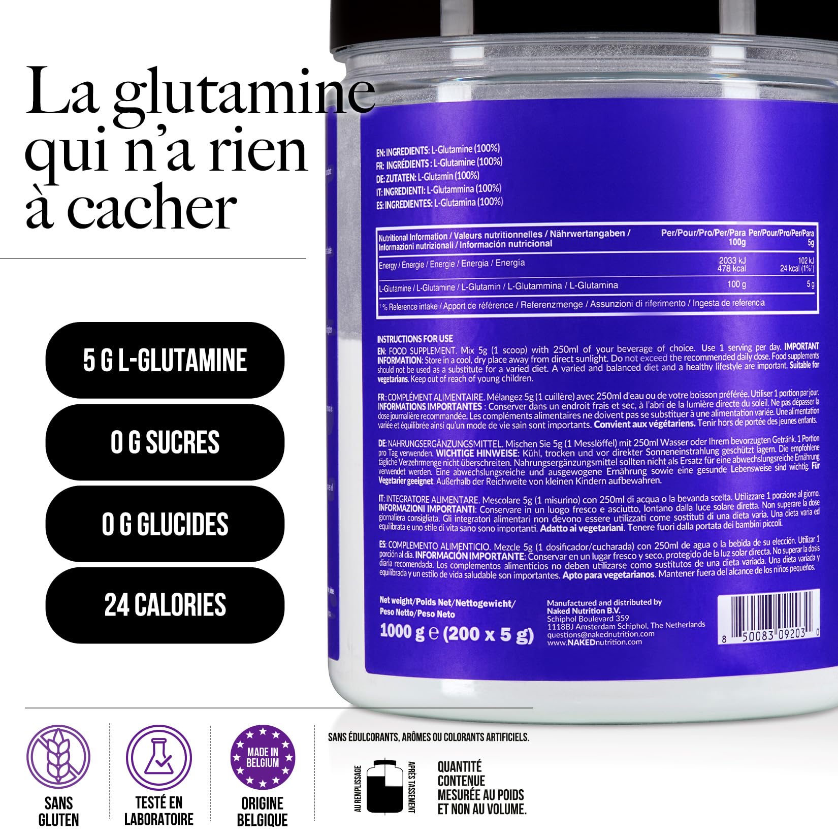 NAKED L-Glutamine – 200 doses – 1000 g, vegan, sans OGM, sans gluten et sans soja. Limite la dégradation musculaire et améliore la synthèse des protéines. Sans additifs