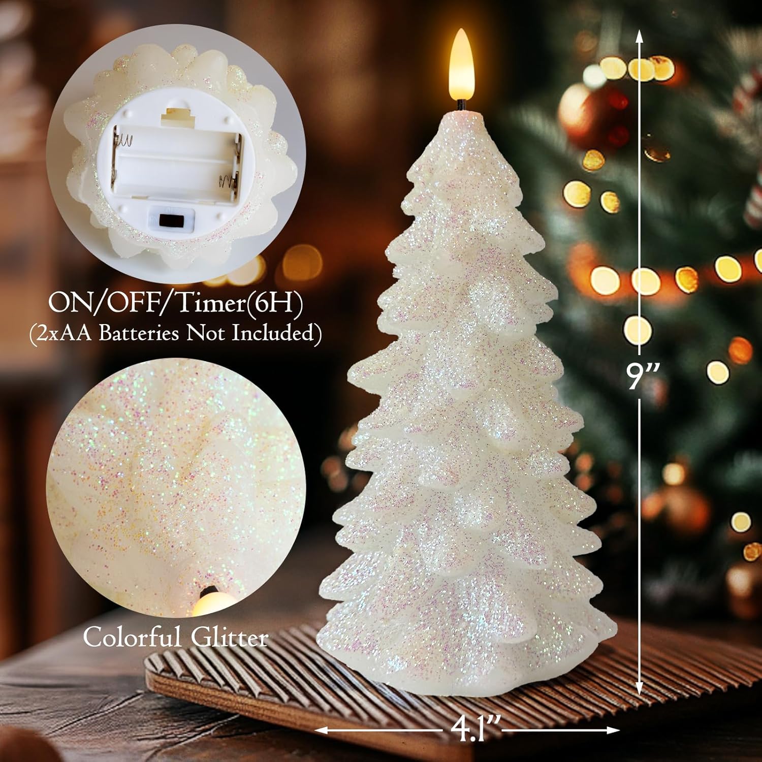 Christmas Tree Shaped Flickering Flameless Candles, Glittering White Real Wax Battery Operated LED Candles with Timer for Christmas Home Party Decoration Set of 2