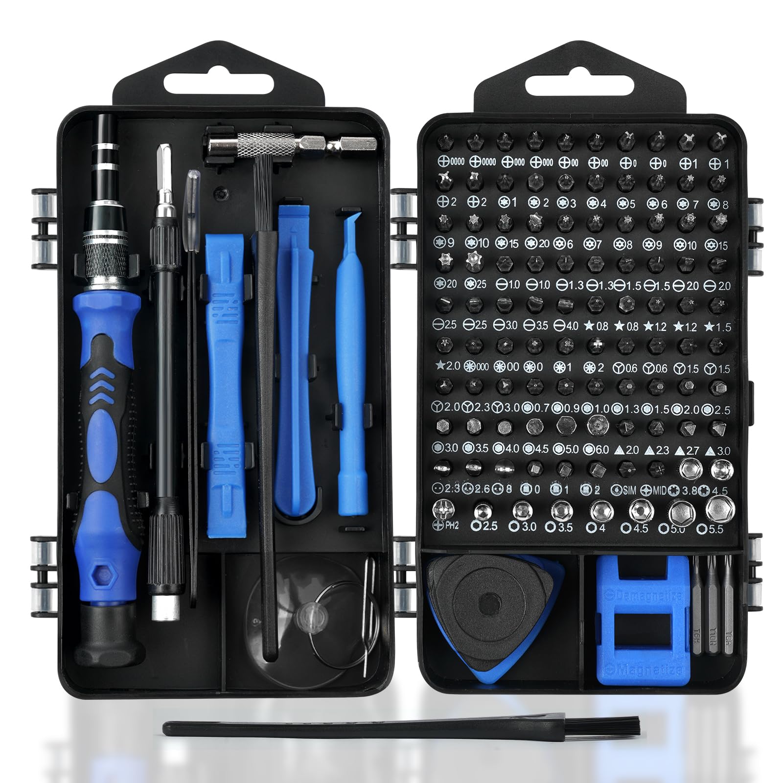 OSDUE Set di 124 Cacciaviti Precisione, Kit Professionali con Torx Phillips Taglio Triangolari Esagonali Set di chiavi a cricchetto magnetiche per Switch PS4 Xbox PC Laptop Occhiali Orologio Blu