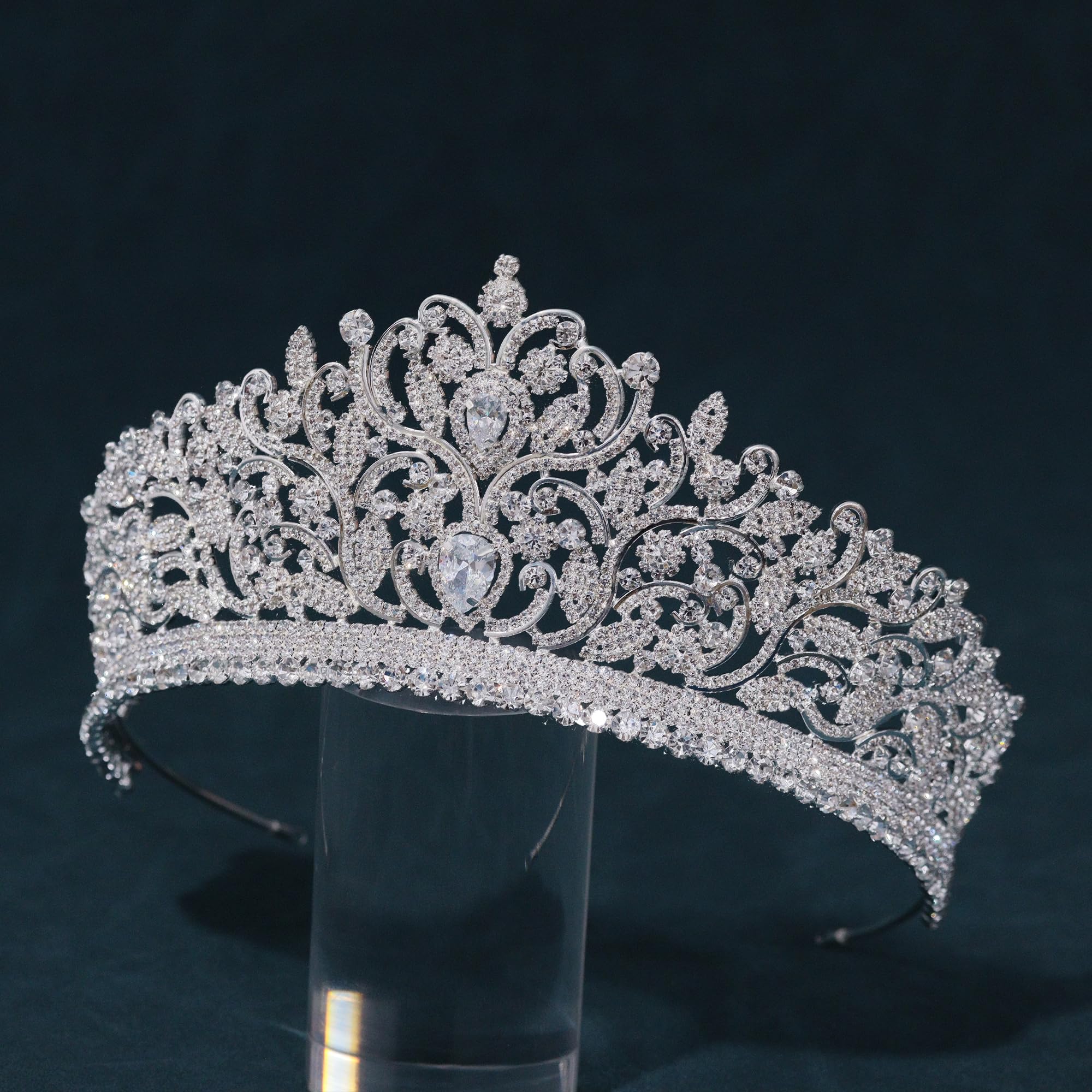 Tiaras y coronas plateadas de circonita cúbica para mujer, tocado de reina, fiesta de graduación, boda, novia, cristal, accesorios grandes para el cabello, Talla única, Diamante falso,