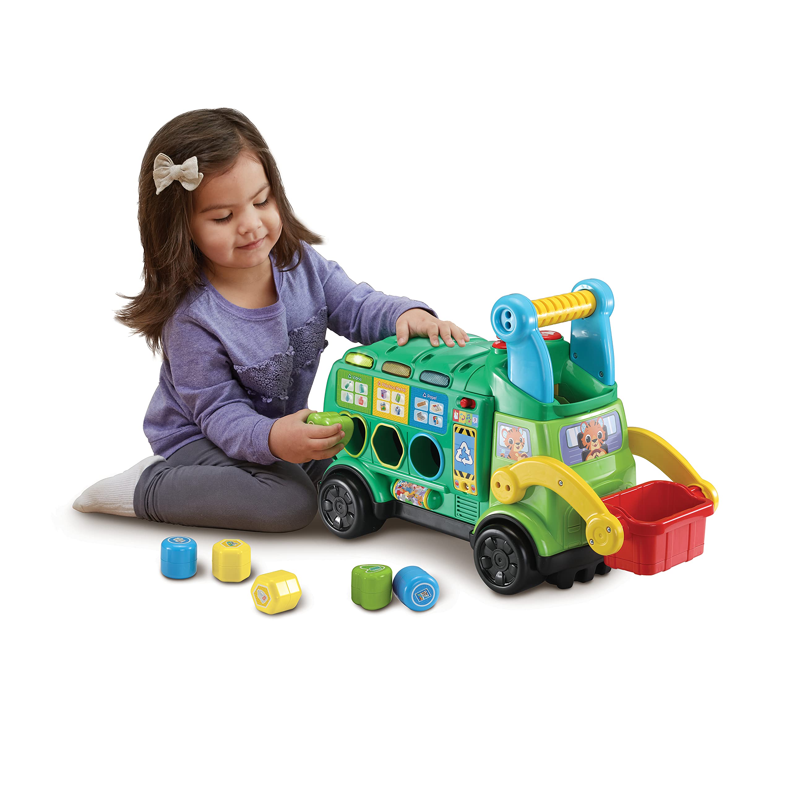 VTech - Camión de Reciclaje, Juguetes ecológicos para niños +18 Meses, Aprende a Reciclar, correpasillos montador Fabricado en plástico reutilizado - Versión ESP (3480-541822)