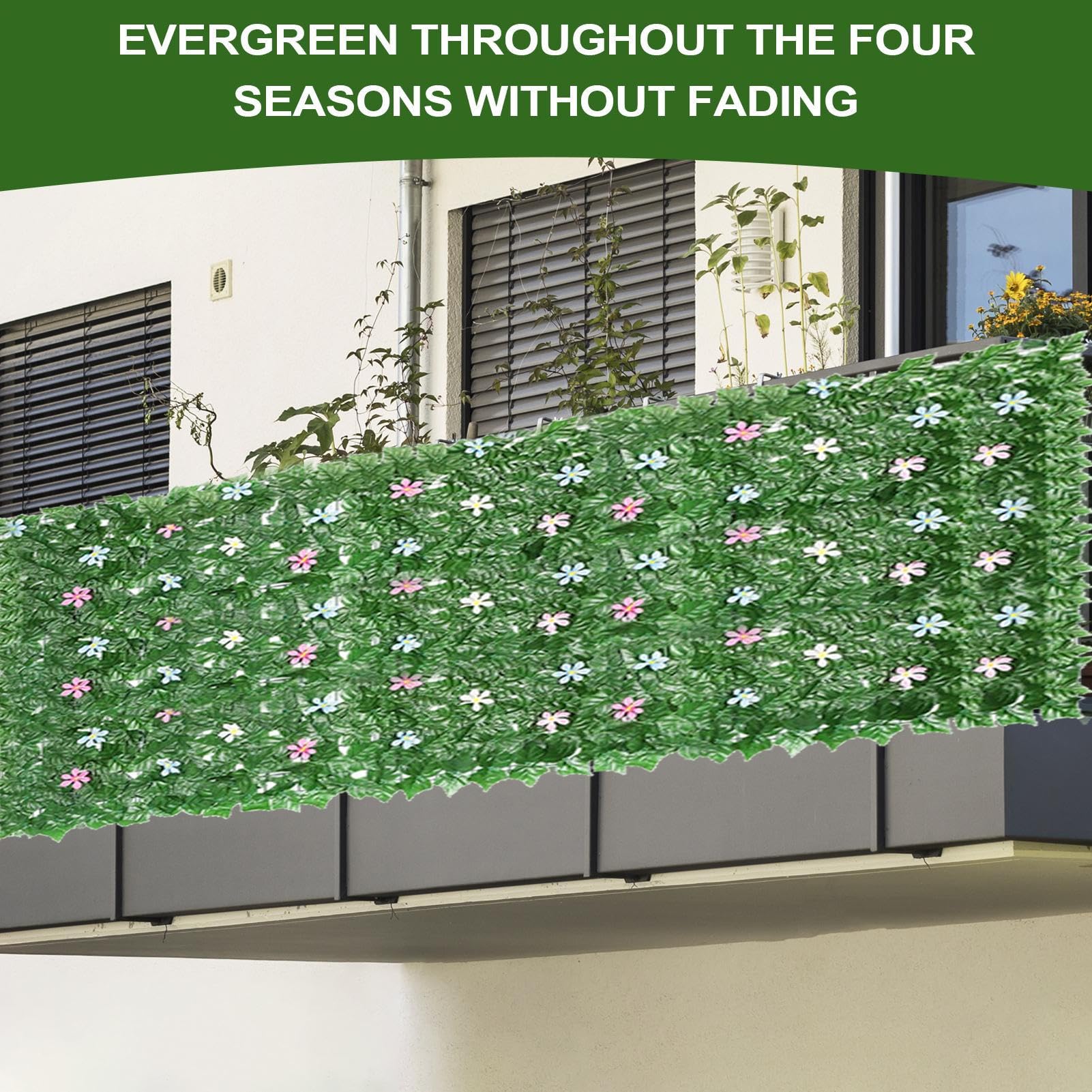 Rollo de seto decorativo de hojas de hiedra artificial verde con flores artificiales, 3 m x 1 m, valla de privacidad de hiedra artificial para pared, balcón, jardín, decoración de interior y exterior