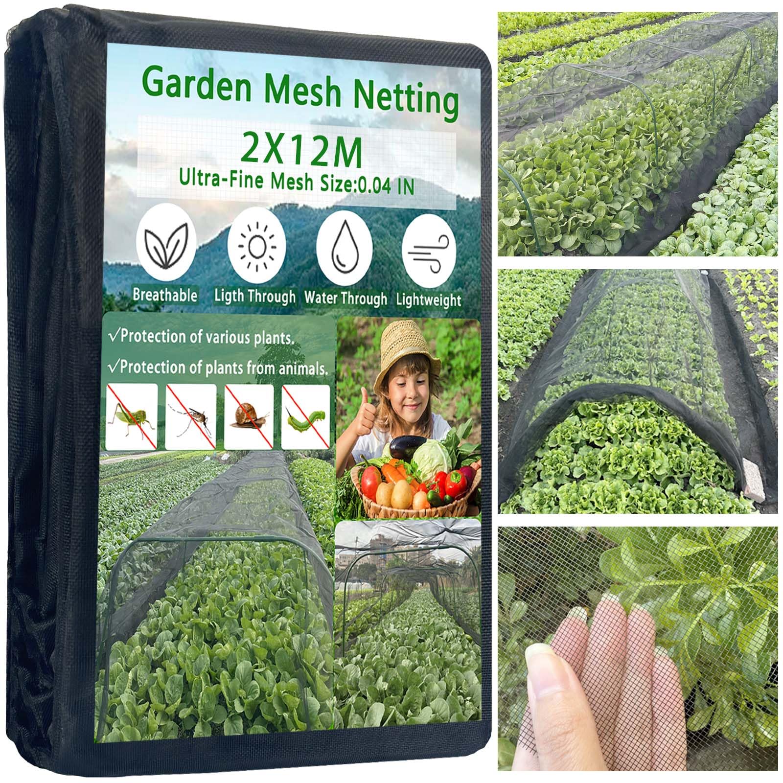 2x12M Thickened Black Nano PPT Garden Netting,Ultra-Fine Insect Mesh for Patio Greenhouse Vegetables Plants Fruits Flowers Protection from Birds Pest Bug Eating,30% Shade Rate Reusable & Durable