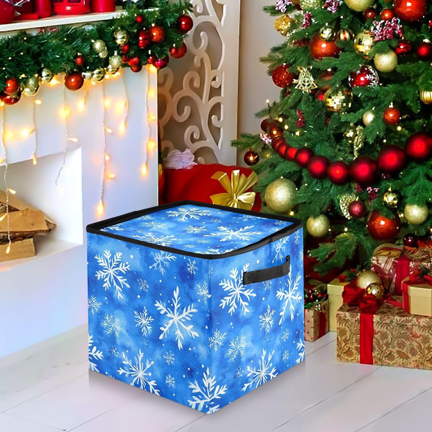 High Capacity Christmas large ornament storage Holds Up to 64, Two Handles foldable Holiday Storage Case with Lid,Snowflakes Watercolor