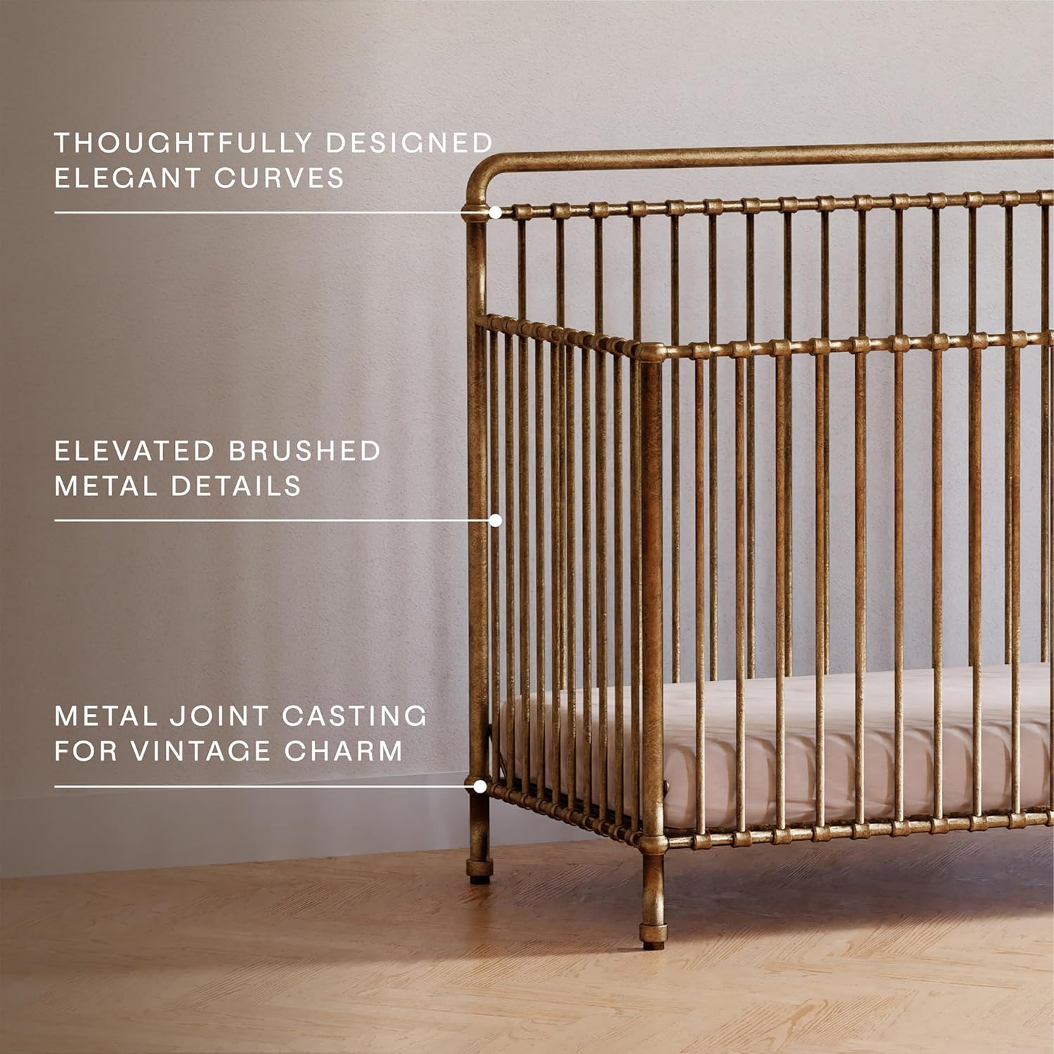 Namesake Winston 4-in-1 Convertible Crib - GREENGUARD Gold Certified Metal Baby Crib Convertible to Toddler Bed, Daybed, Full Size Bed w/ 4 Mattress Heights - Vintage Gold Bedside Crib for Baby