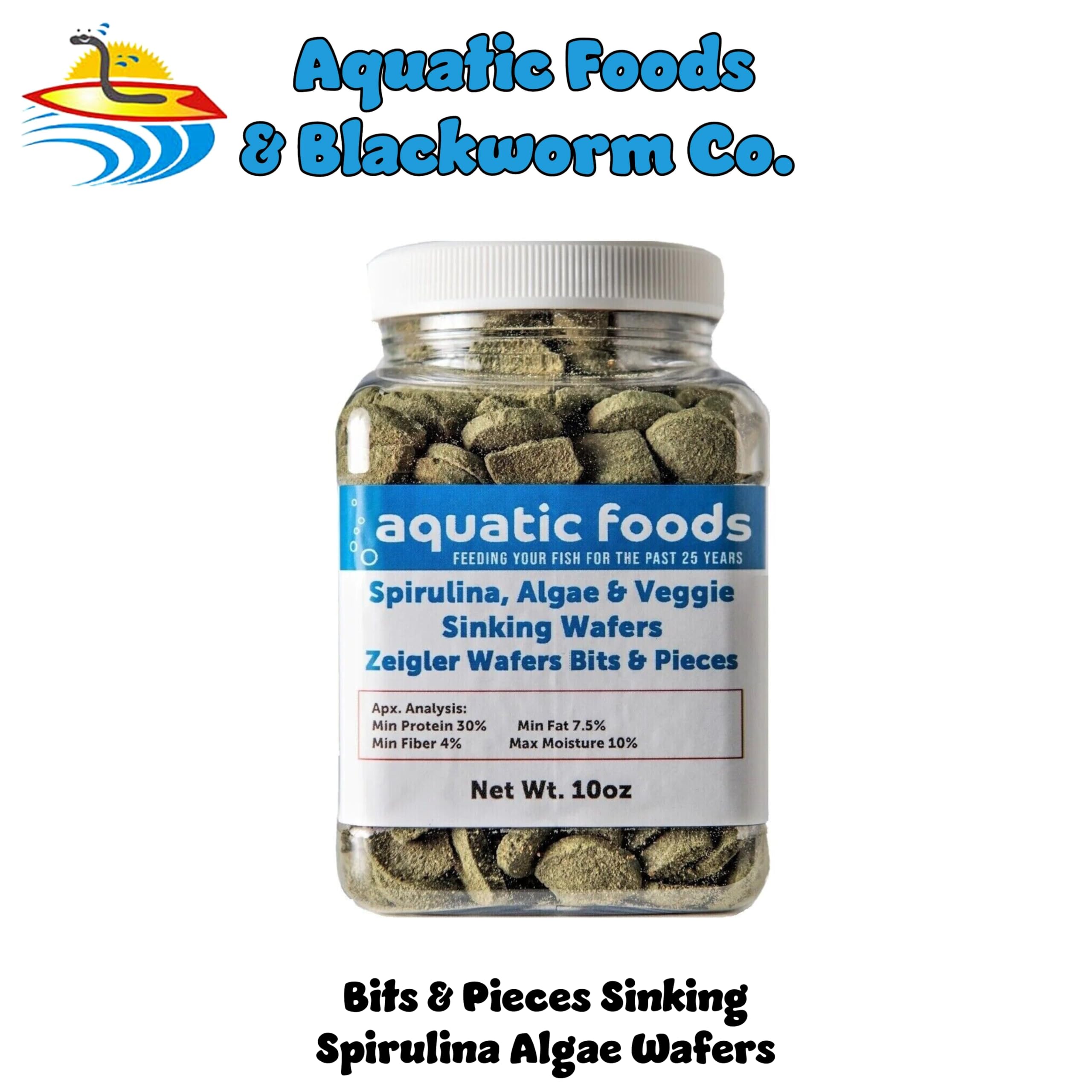 Aquatic Foods Inc. BITS & Pieces of Spirulina, Algae & Veggie Sinking Wafers for Bottom Fish, Shrimp, Snails, Crabs, Crayfish, All Tropical Fish…10oz Small Jar