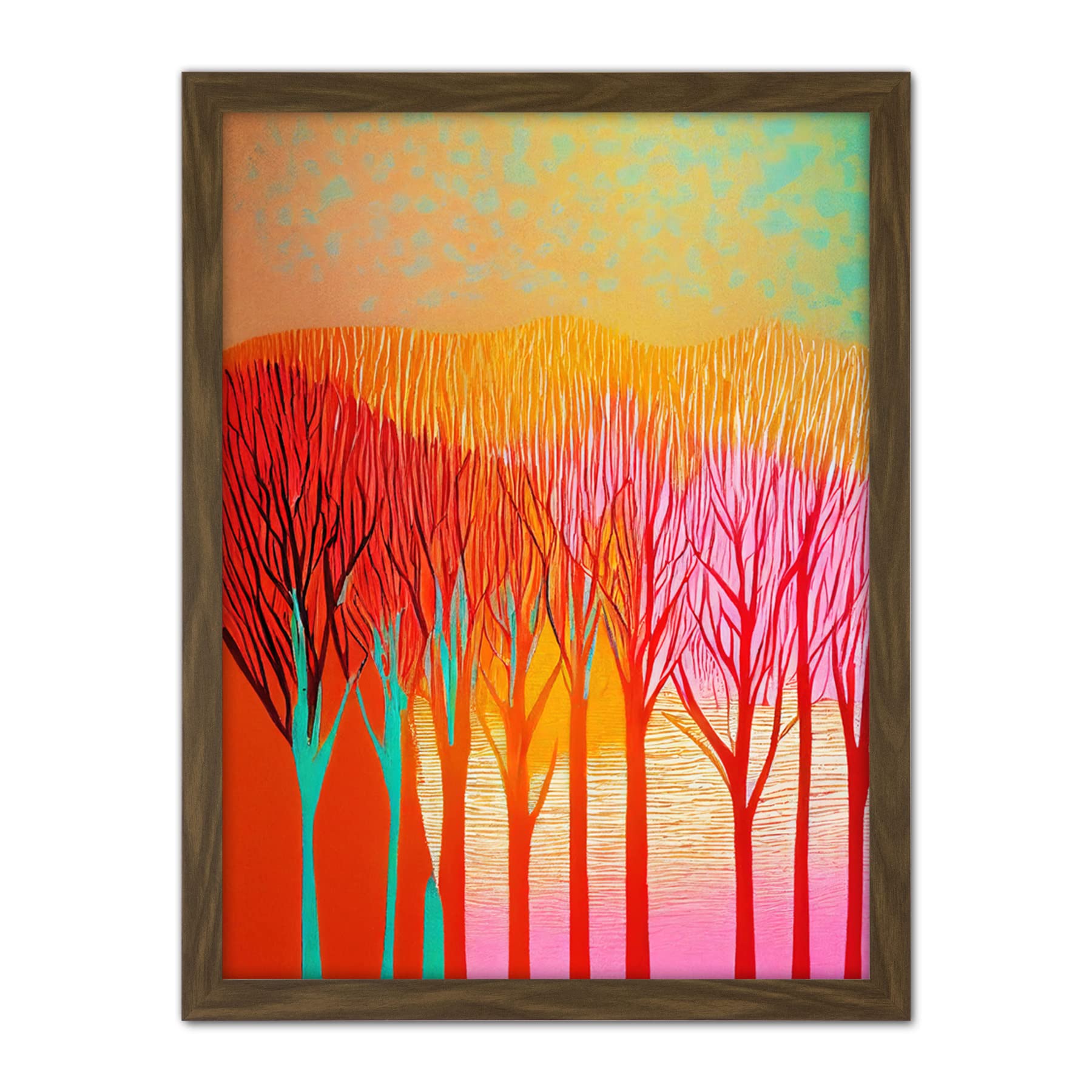 Doppelganger33 LTD Forest Treetops Linocut Illustration Vibrant Bold Artwork Framed Wall Art Print 18X24 Inch