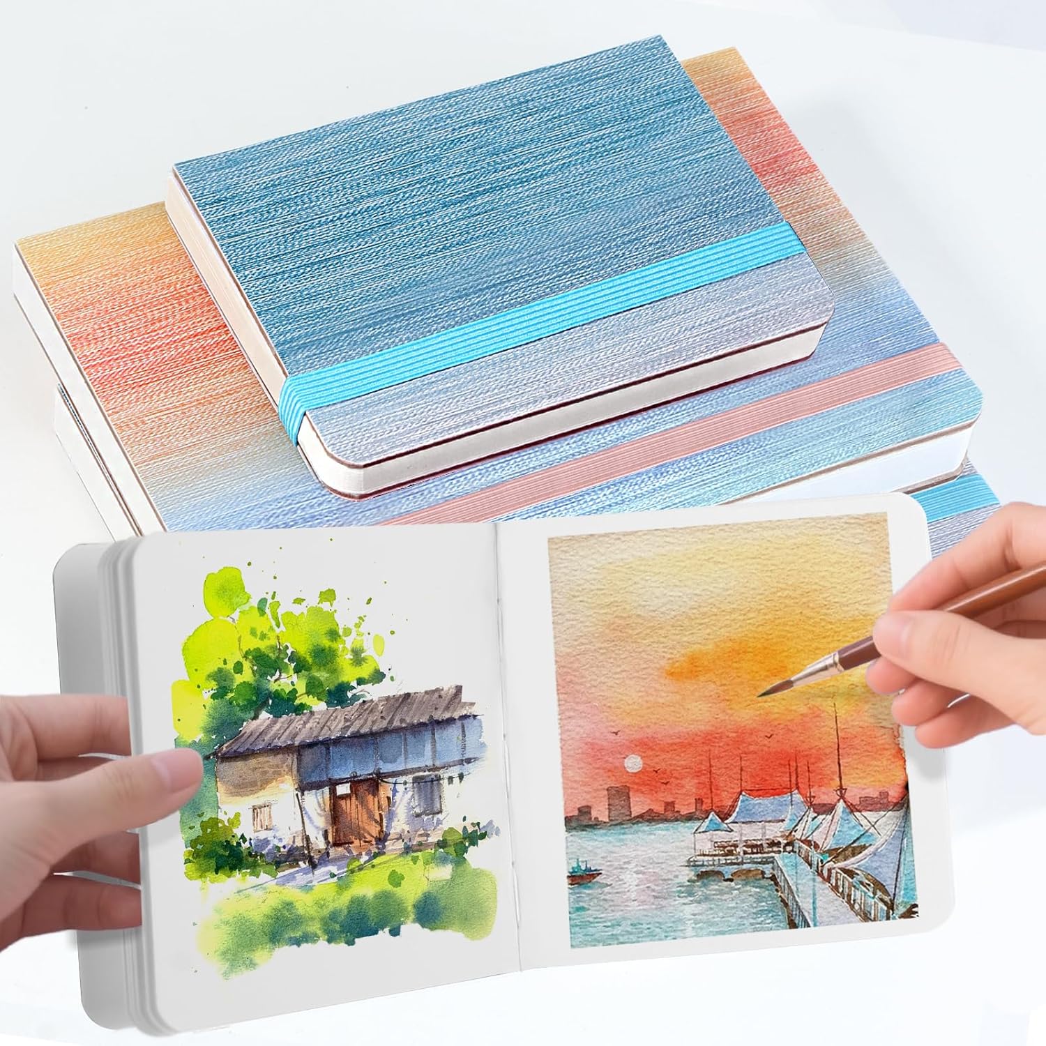 Square Watercolor Sketchbook, Green Painting Notebook, Portable Travel Drawing Paper Mixed Media Art Journal, 300 GSM 30 Sheets/60 Pages 4.7×4.7" Sketch Pad