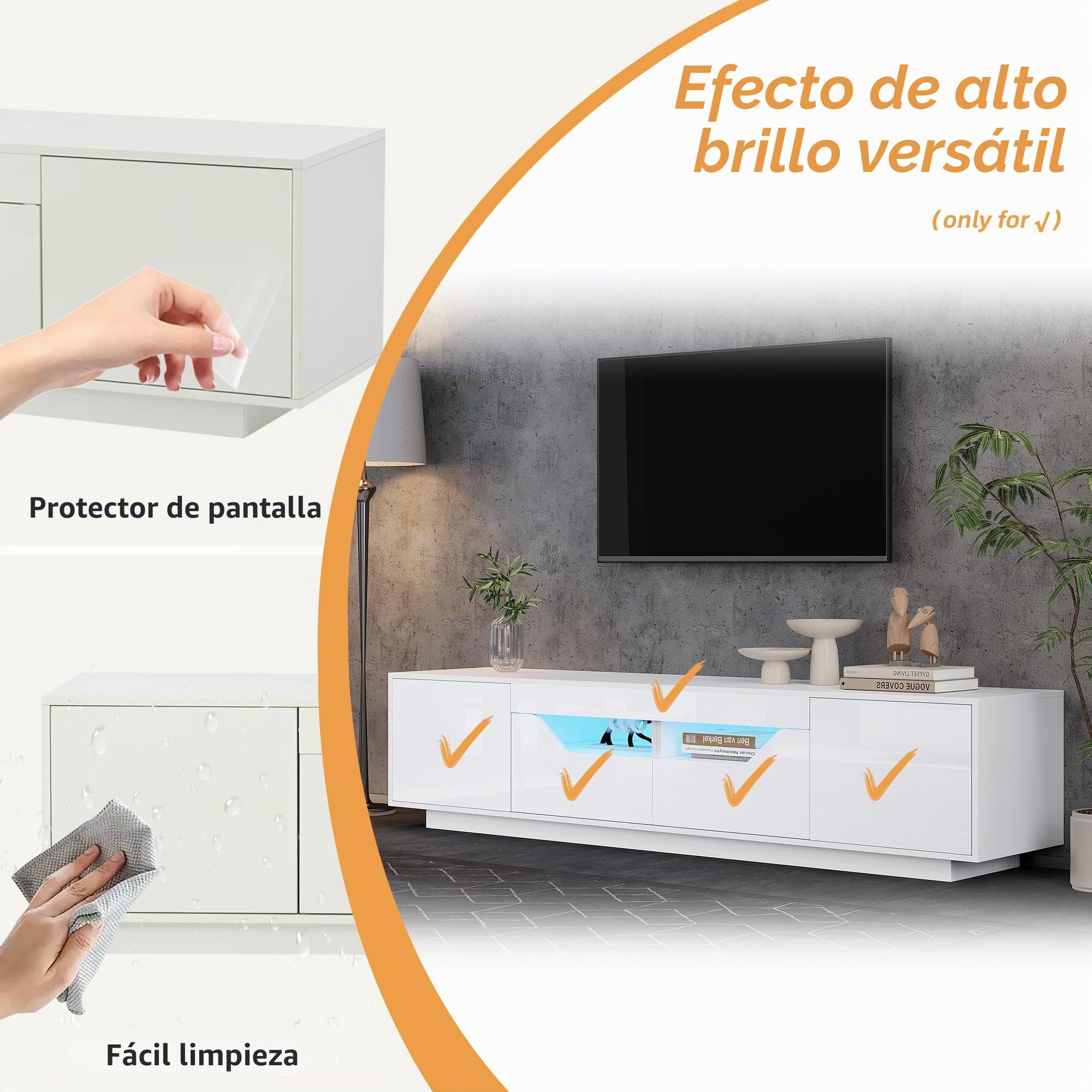 Soweiz Armario de TV de alto brillo con luces LED, armario de pie con 2 cajones y 2 armarios, tablero de TV, adecuado para televisores de 75 pulgadas, blanco, 180 x 40 x 45 cm