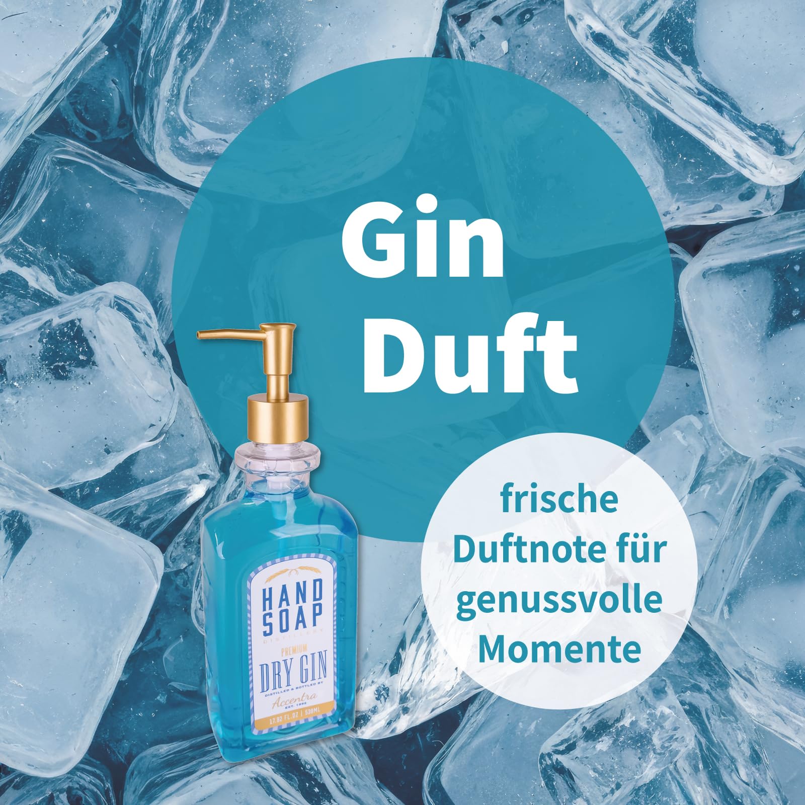Accentra Mydło do rąk w butelce o wyglądzie butelki z ginem, 530 ml mydło do rąk w dozowniku z pompką, mydło w płynie, zapach ginu, do wielokrotnego napełniania