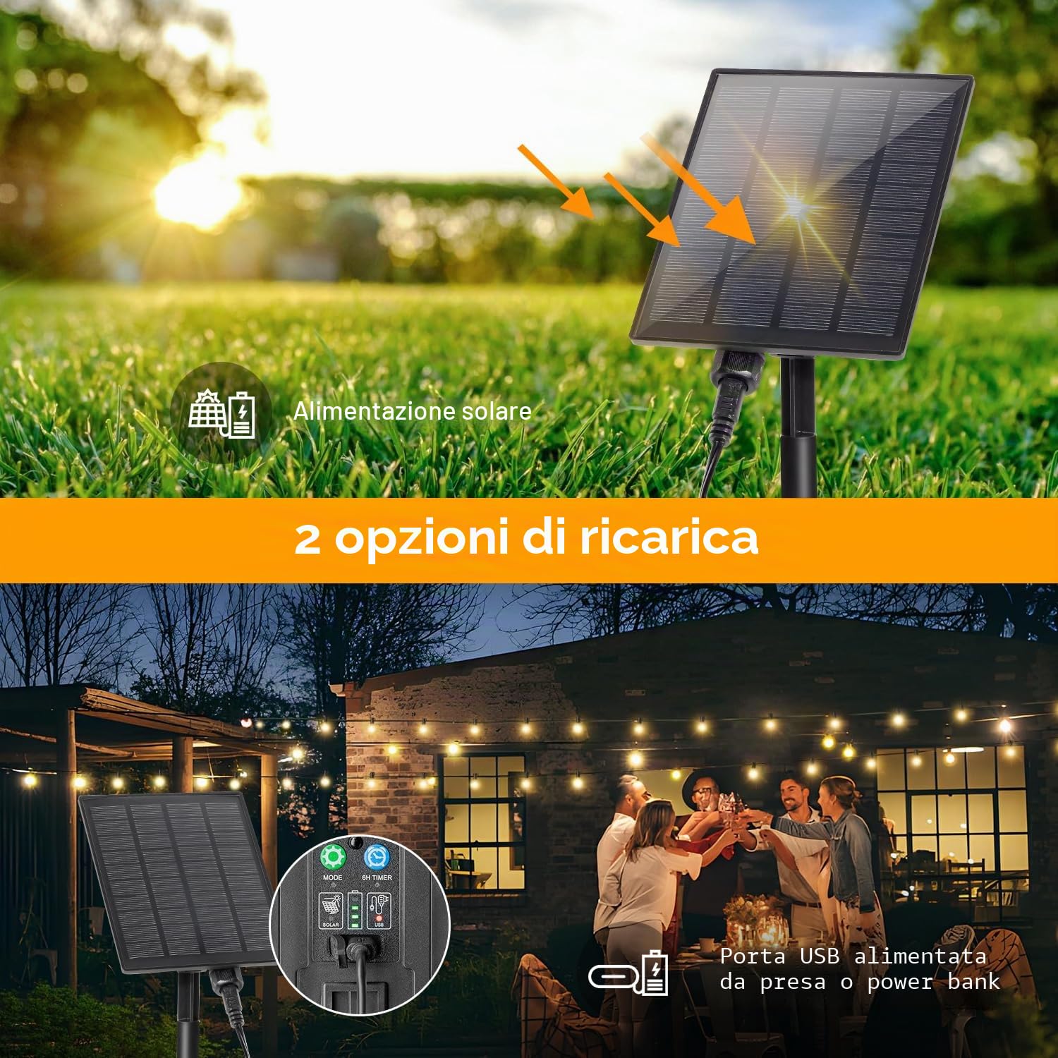 GreHom Catena Luminosa Esterno, 25+1 G40 LED, 15M/50FT, IP65 Impermeabile Luci da Esterno Giardino, USB o Carico Luci Solari Esterno, 8 Modalità, Decorazioni Giardino, Festa, Matrimoni, Gazebo