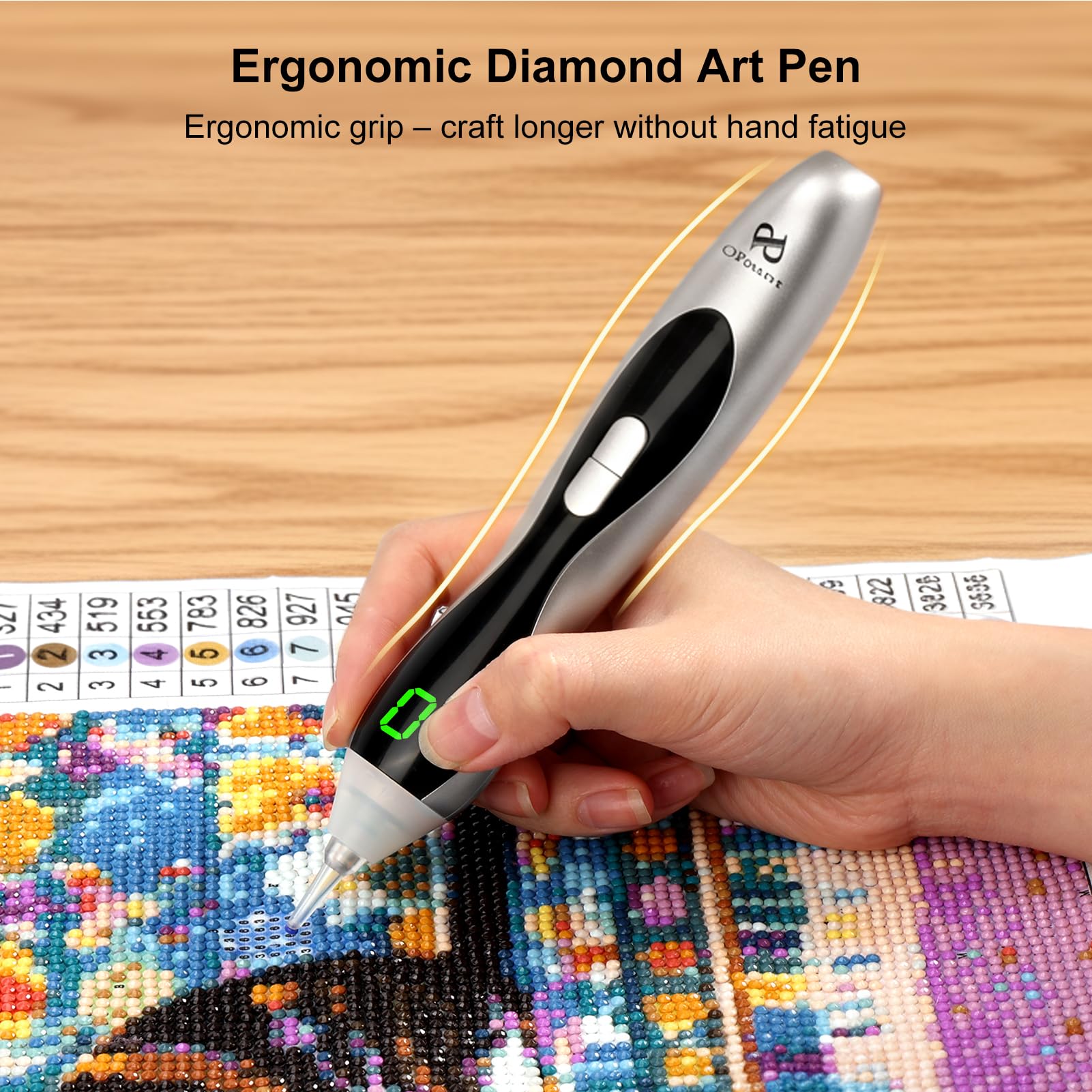 PP OPOUNT Elektrischer Diamond Painting Stift Silber mit LED Licht & Display, 3 Saugstufen, Kabellos & Wiederaufladbar, Leiser Vacuum Stift, Ergonomisches Diamond Painting Zubehör für Erwachsene
