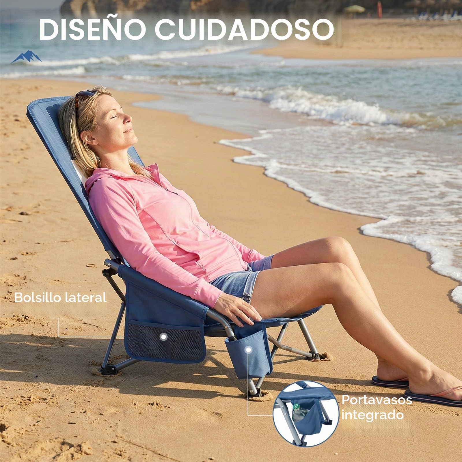 Portal Juego de 2 sillas de playa de respaldo alto, ligeras, bajas, portátiles, para adultos, asiento de playa, festival, picnic, mochila, tumbona plegable al aire libre, con portavasos de malla