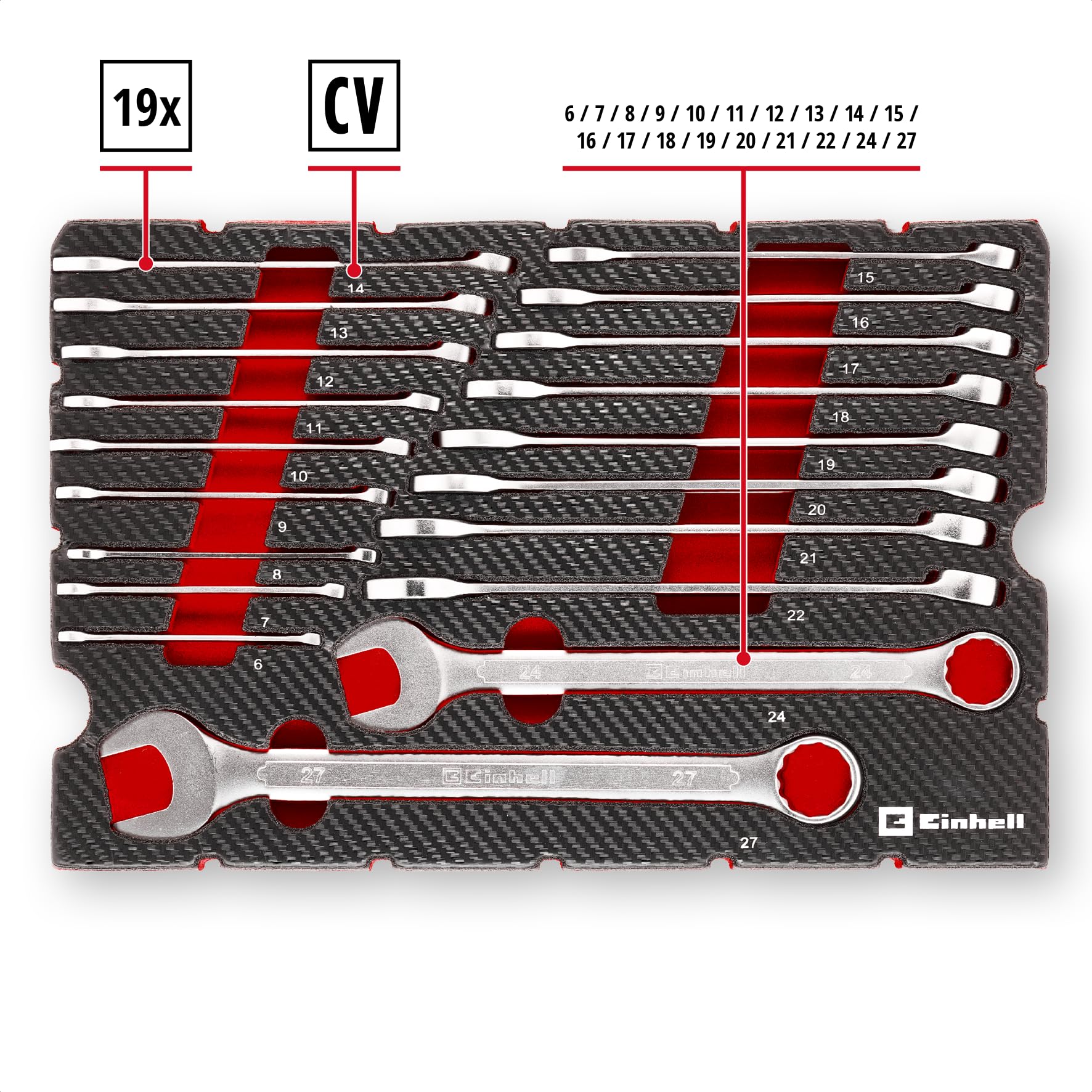 Original Einhell E-Case Pad 19 pezzi chiavi combinate (Ø 6–27 mm, profilo 12 lati, acciaio cromo-vanadio, finitura satinata, inserto EVA, sistema E-Case)