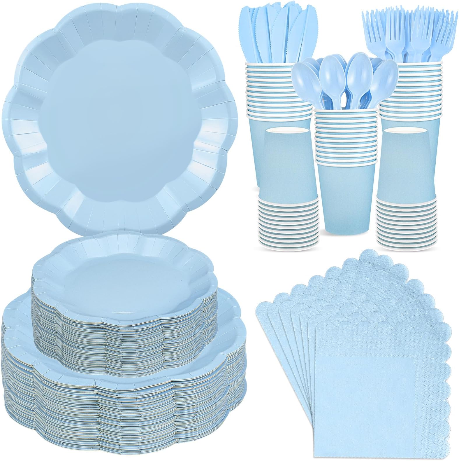 NatNarr 350 Pcs Light Blue Paper Plates and Napkins Set Include 9" Dinner Plates, 7" Dessert Plate Disposable Scalloped Tableware Serve 50 Guest for Wedding Boy Baby Shower Bridal Shower Birthday