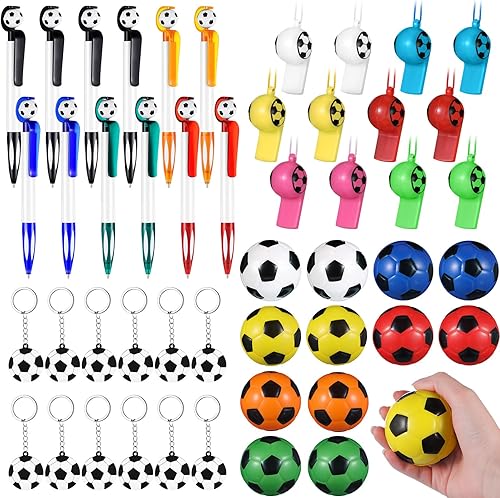 Miniatura 1 de 48 piezas de recuerdos de fiesta de fútbol incluyen bolígrafos con forma de fútbol, llavero de fútbol, silbato, pelota antiestrés, regalos de fútbol