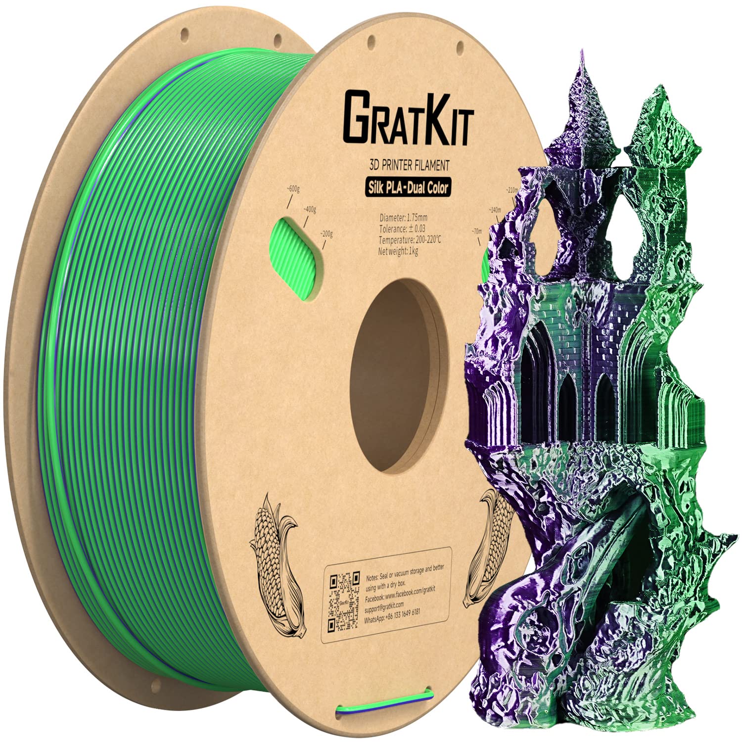 Gratkit Silk Dual Color PLA Filament, 1.75mm, 1KG, Silk PLA Purple &amp; Green