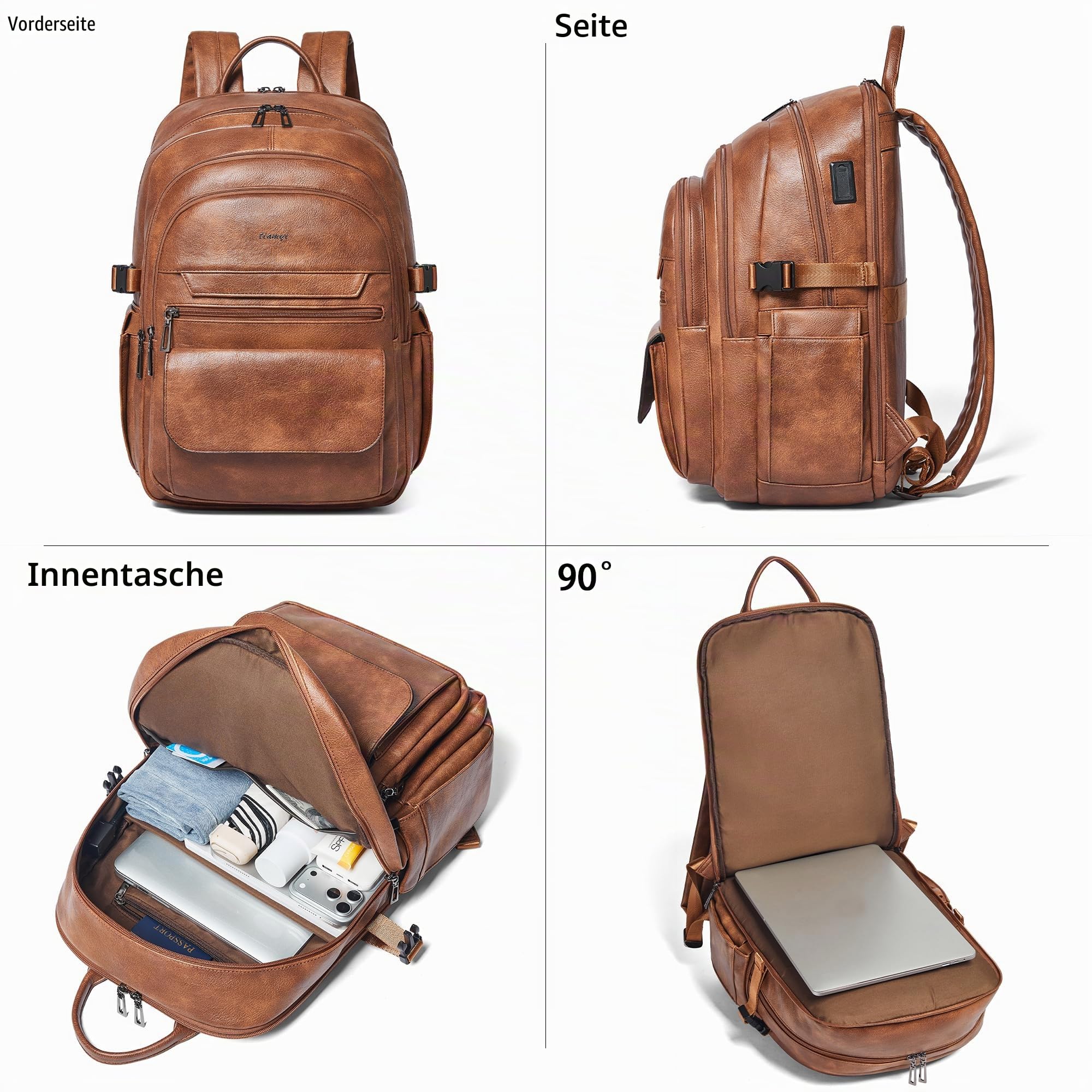 Veganer Lederrucksack, Reiserucksack für Damen und Herren, passend für 17 Zoll Notebook mit Koffergurt, Braun
