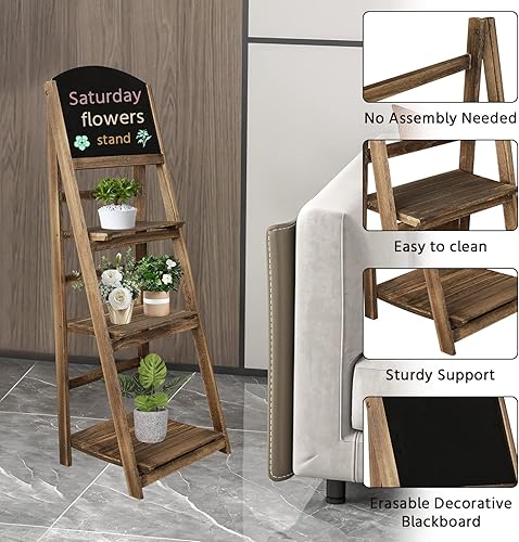 Miniatura 4 de Babion Estante de escalera, estantería de escalera de 3 niveles con pizarra, estantería de escalera rústica de madera, estante organizador de