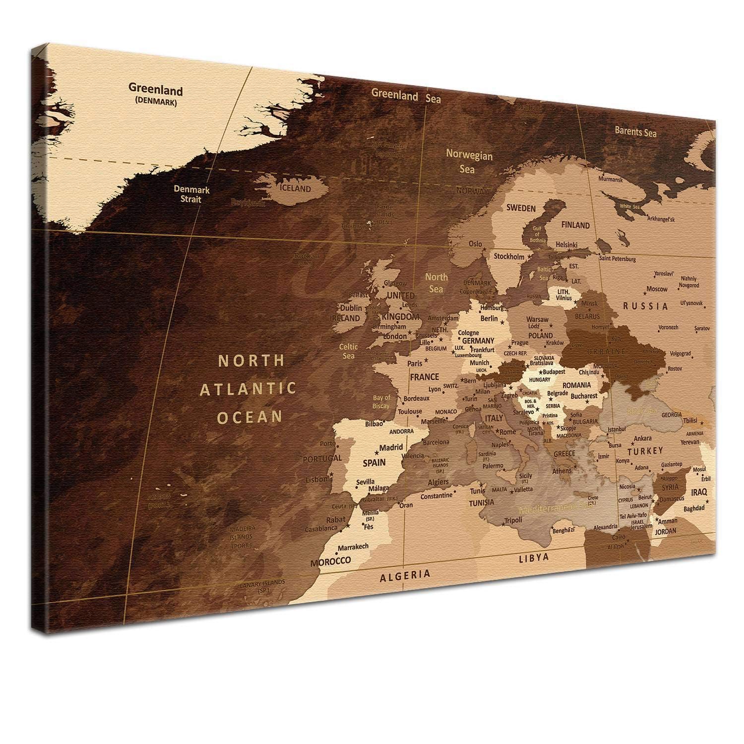 LANA KK – Europakarte Leinwandbild mit Korkrückwand zum pinnen der Reiseziele „Europakarte Antik” - englisch - Kunstdruck-Pinnwand Globus in braun, in 120x80cm