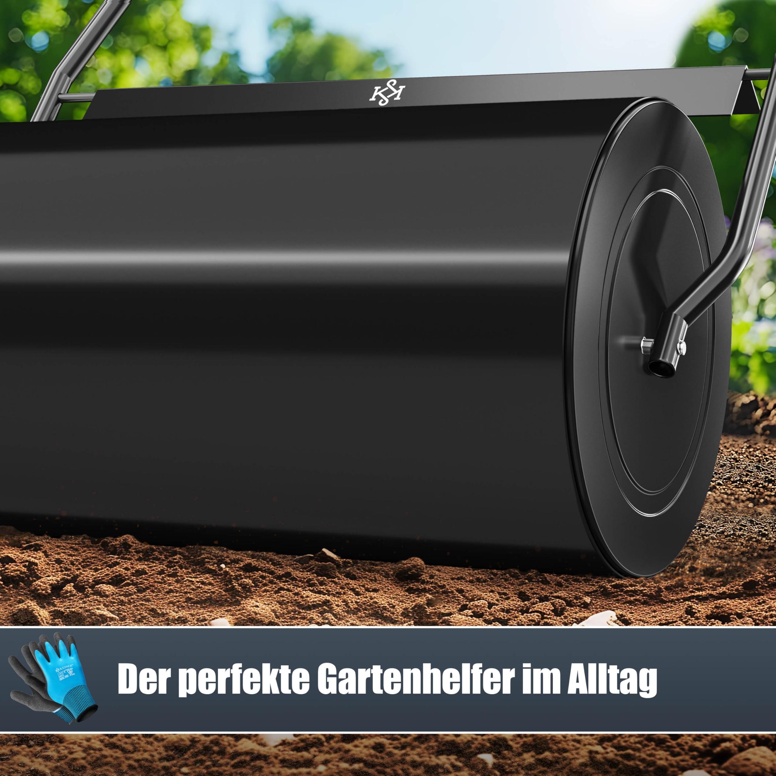 KESSER® Rasenwalze Metall befüllbar mit Wasser oder Sand mit 48 Liter Füllvolumen & 60cm breit | Gartenwalze inklusive Handschuhe | Handwalze Rasenroller Ackerwalze Walze in Schwarz