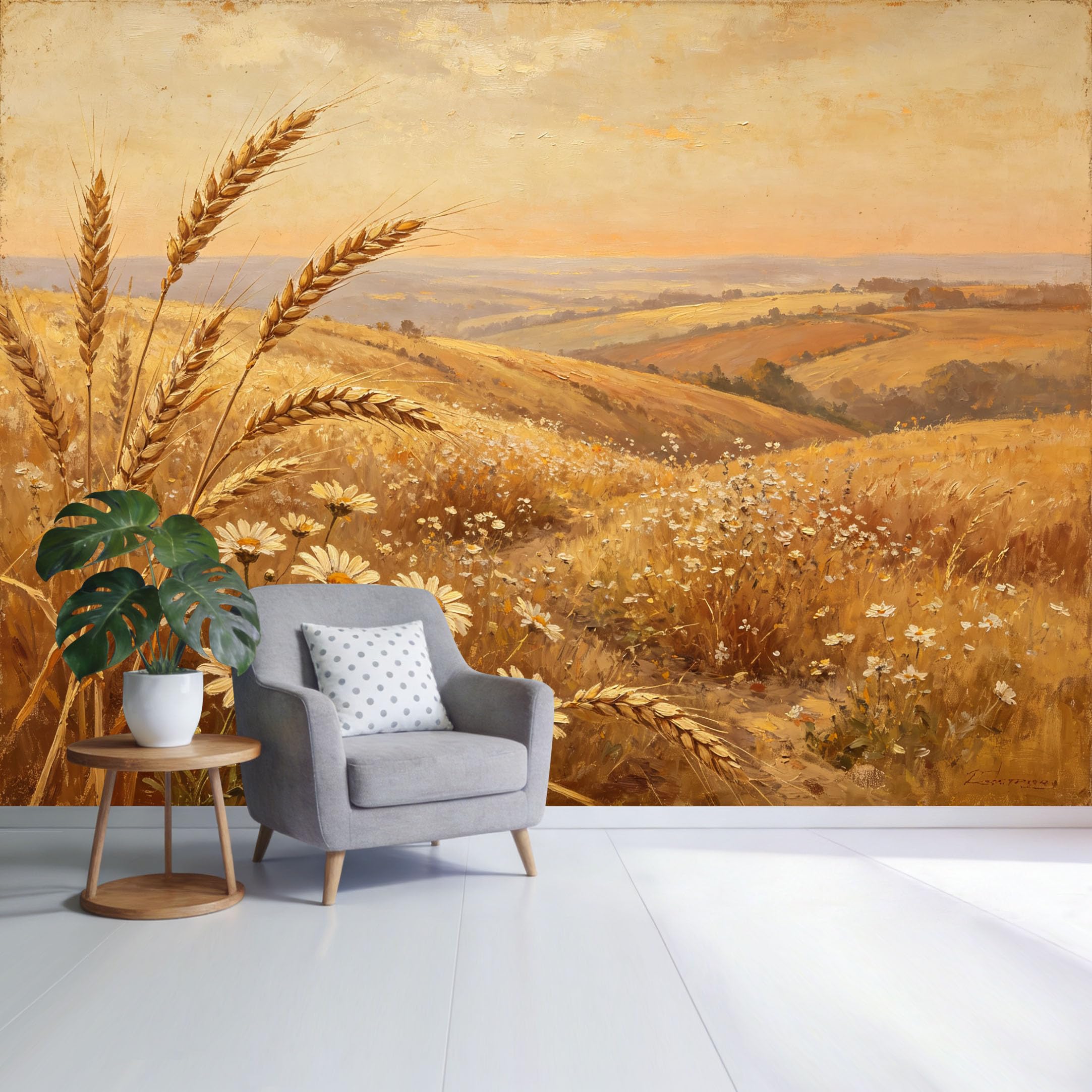 Custom Size Wall Mural Golden Wheat Field Sunrise Landscape Botanical Oil Painting SelfAdhesive Wall Fabric Removable Wallpaper for Home Office Decor