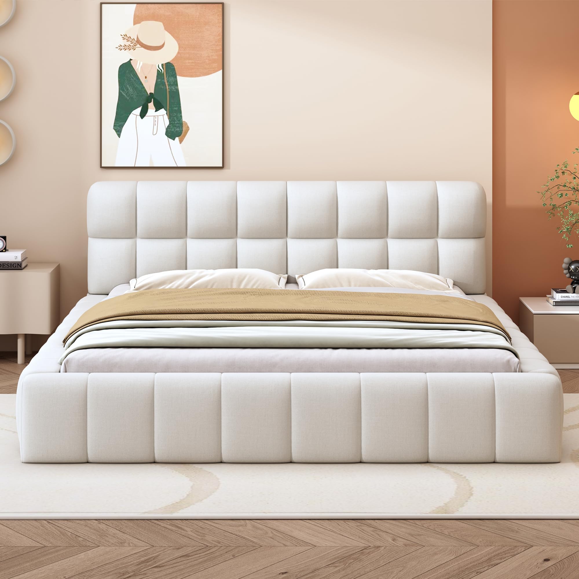 Letto imbottito con schienale morbido, piano con bordo imbottito, rete a doghe in lino (materasso non incluso) (beige, 140 x 200 cm)