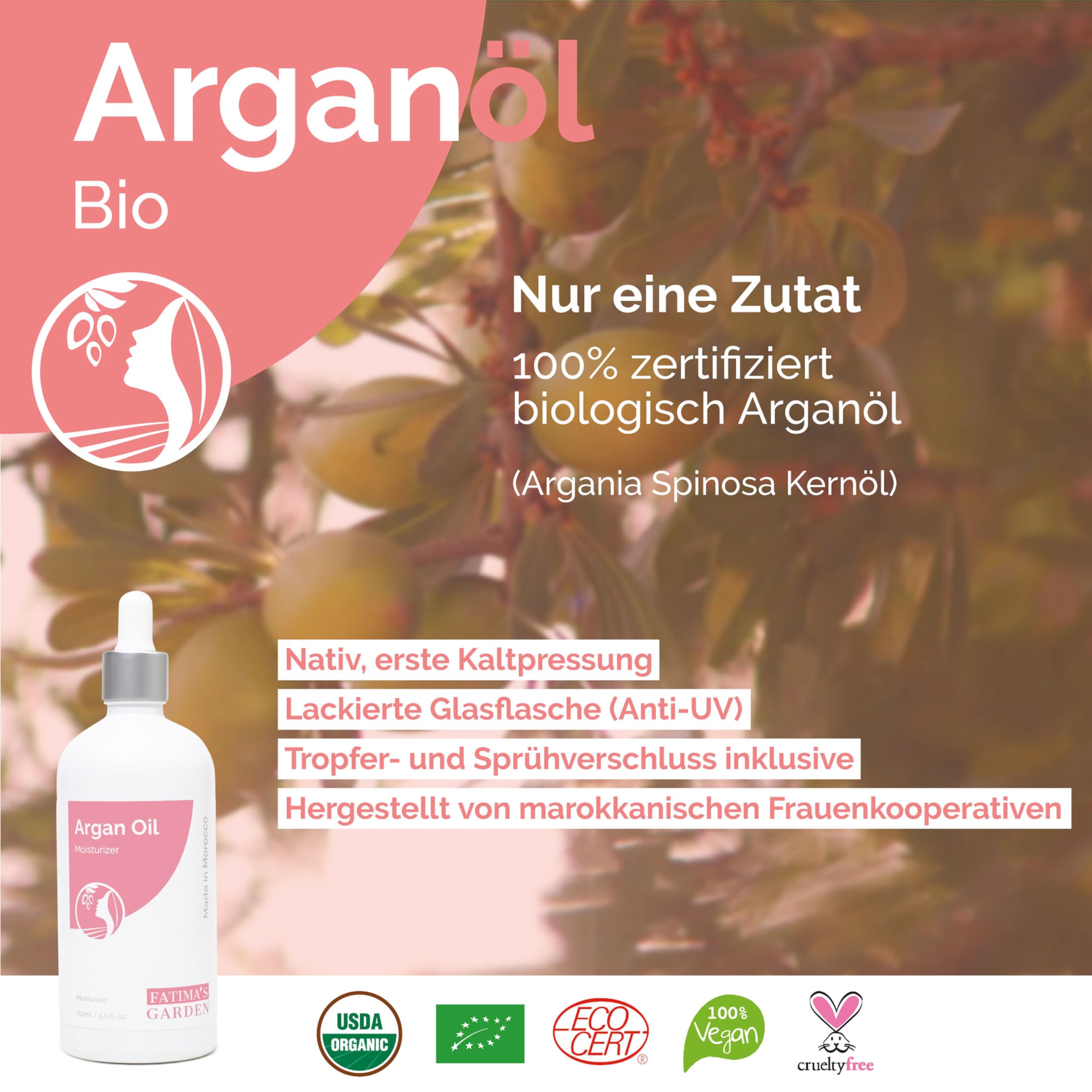 Fatima's Garden Arganöl - Bio-Feuchtigkeitscreme für Haut & Haar, 100ml